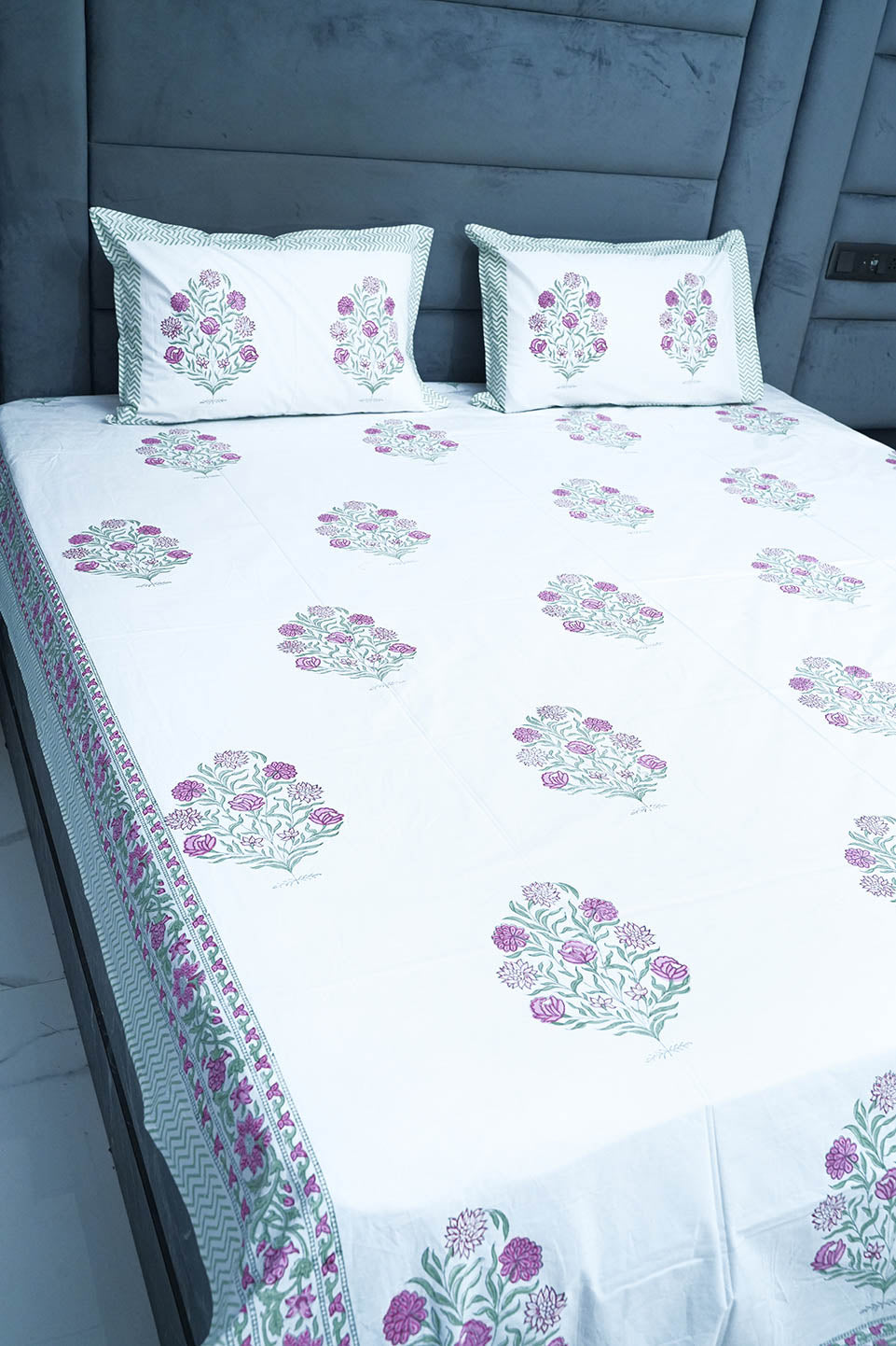 TRISHA HAND BLOCK PRINTED BEDSHEET WITH TWO REVERSIBLE PILLOW COVERS
