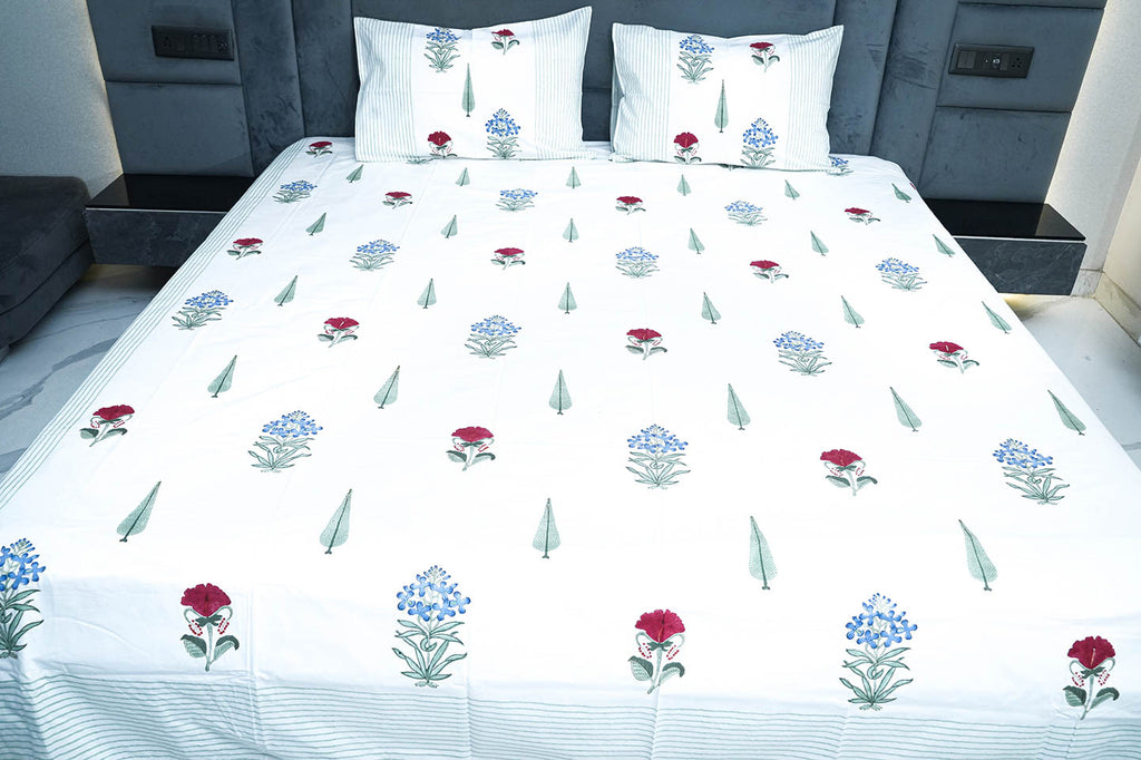 SWARA HAND BLOCK PRINTED BEDSHEET WITH TWO REVERSIBLE PILLOW COVERS