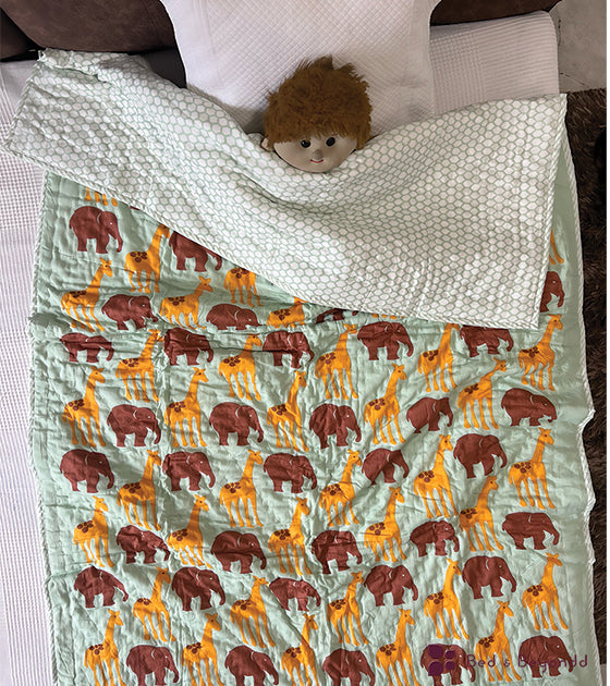 GIRAFFE ELEPHANT HANDBLOCK PRINTED BABY QUILT