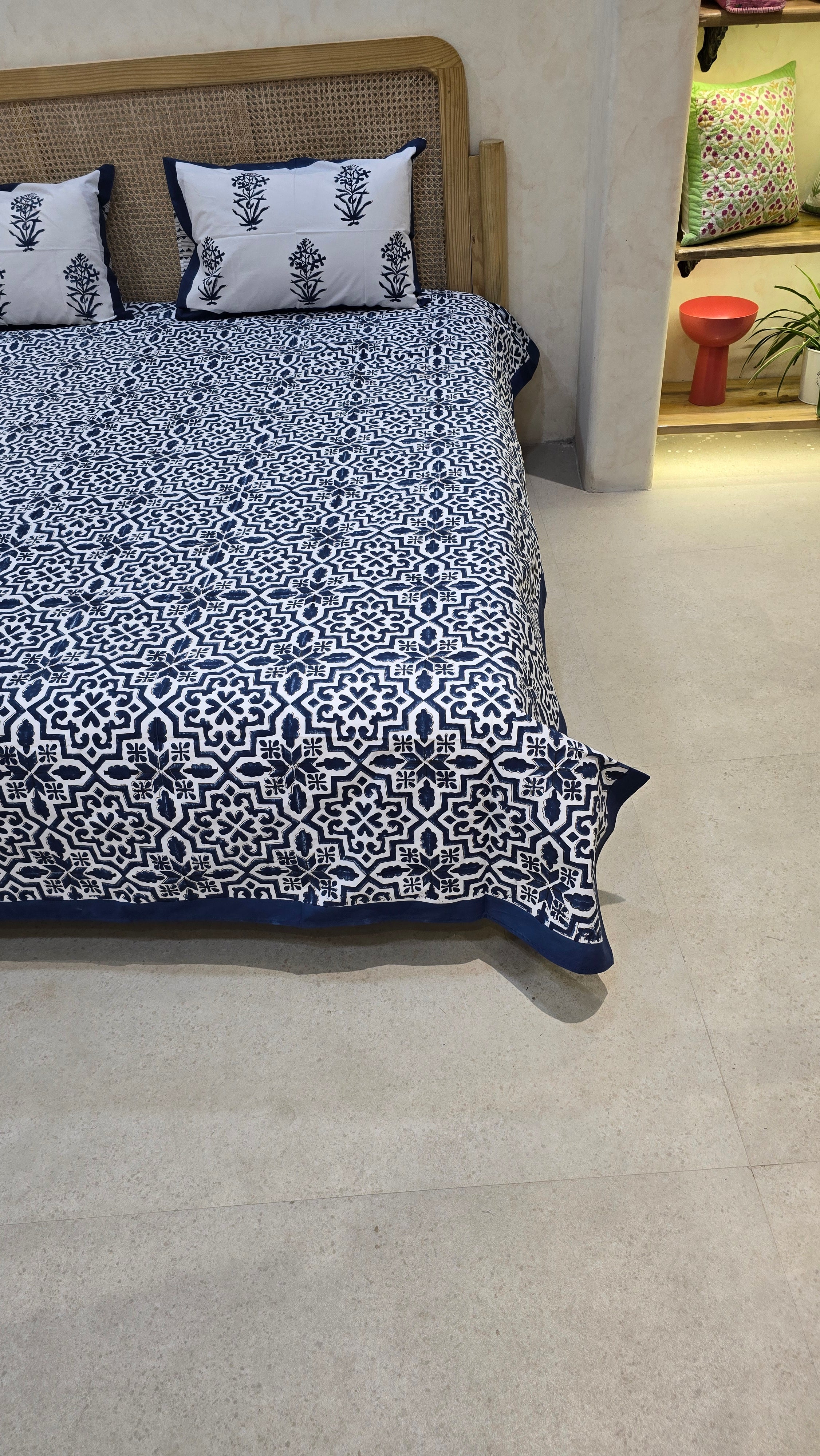 BLUE GEOMETRICAL HAND BLOCK PRINTED BEDSHEET WITH TWO REVERSIBLE PILLOW COVERS