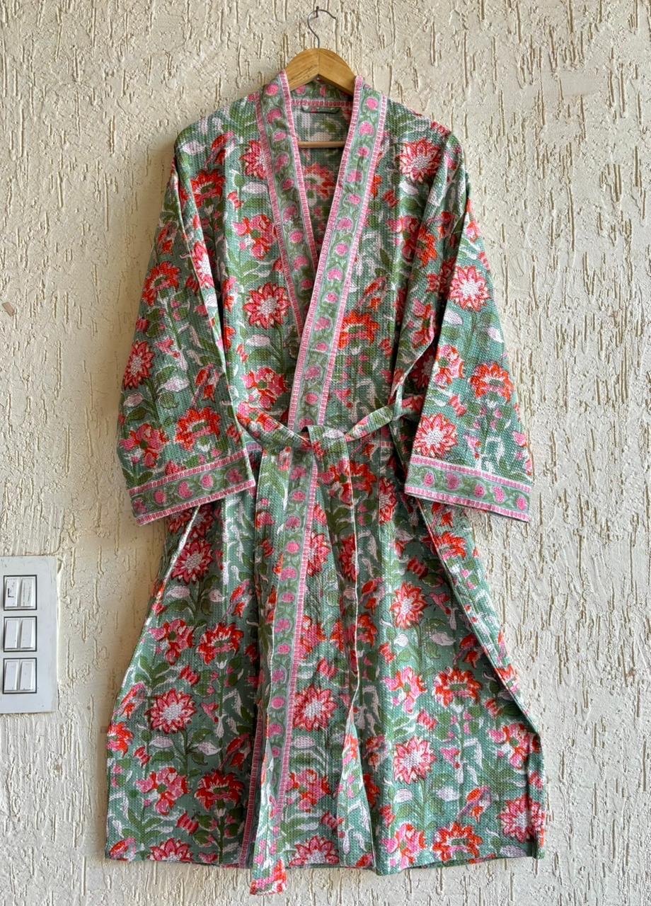 HAND BLOCK PRINTED WAFFLE BATHROBE