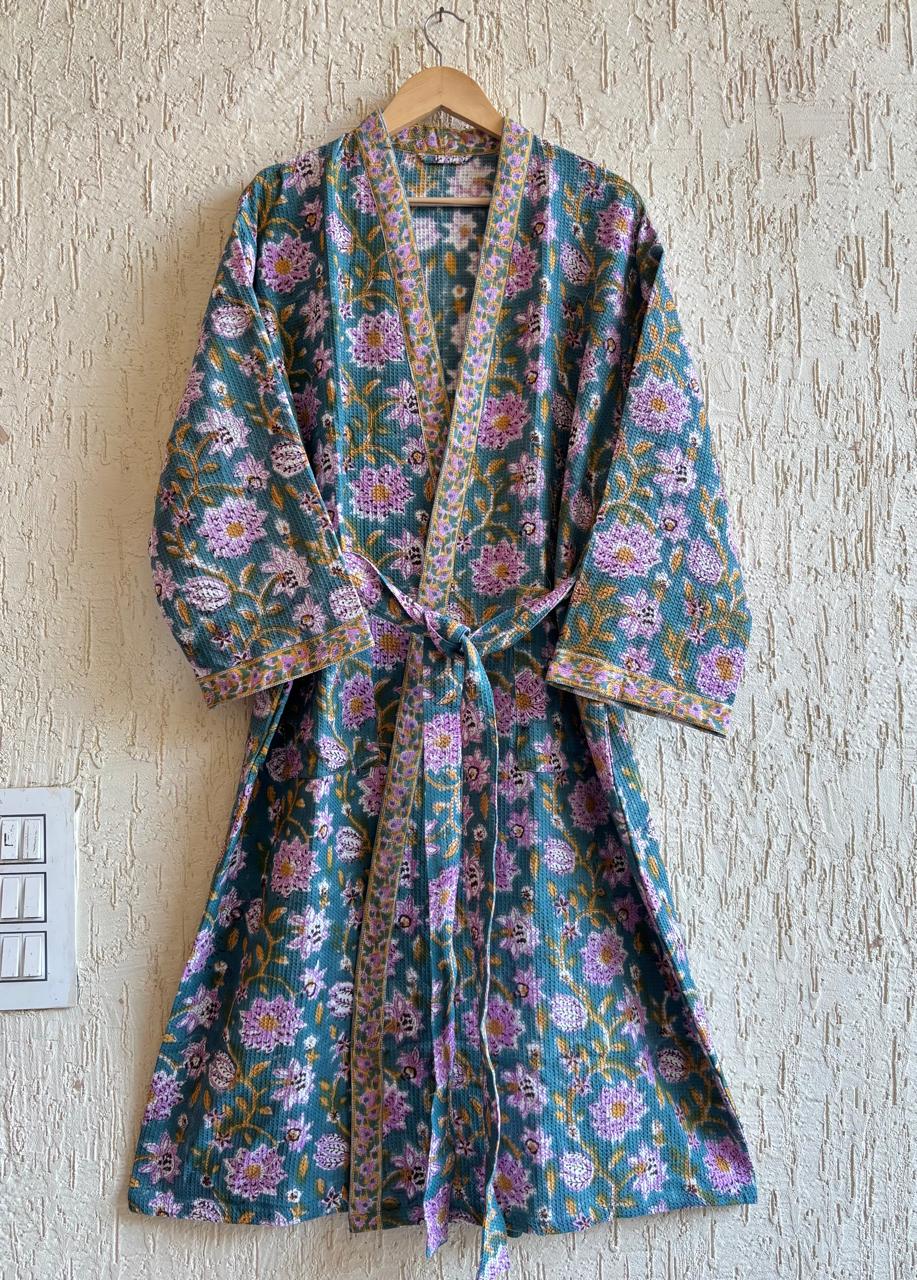 HAND BLOCK PRINTED WAFFLE BATHROBE