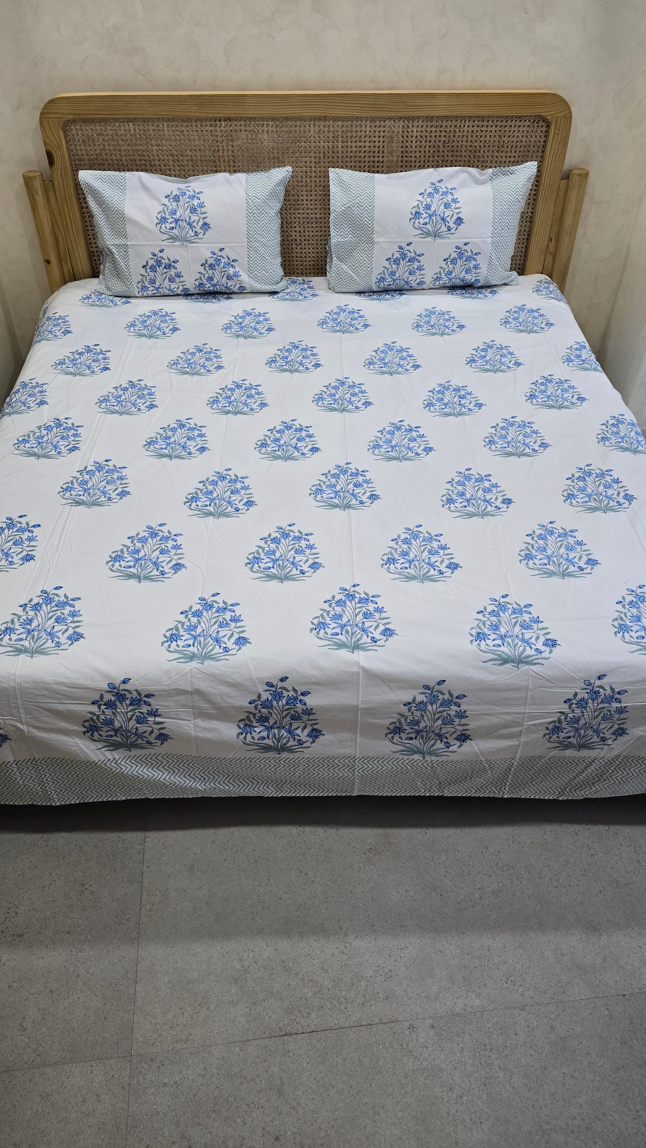 NEEL HAND BLOCK PRINTED BEDSHEET WITH TWO REVERSIBLE PILLOW COVERS