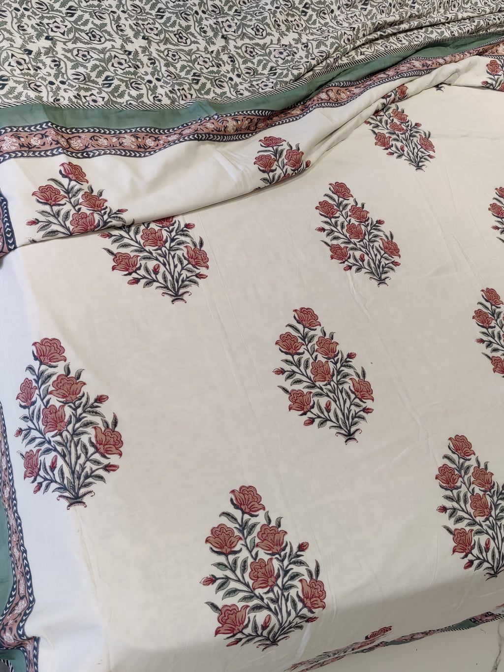 TERRACOTTA HANDBLOCK PRINTED REVERSIBLE MULMUL DOHAR