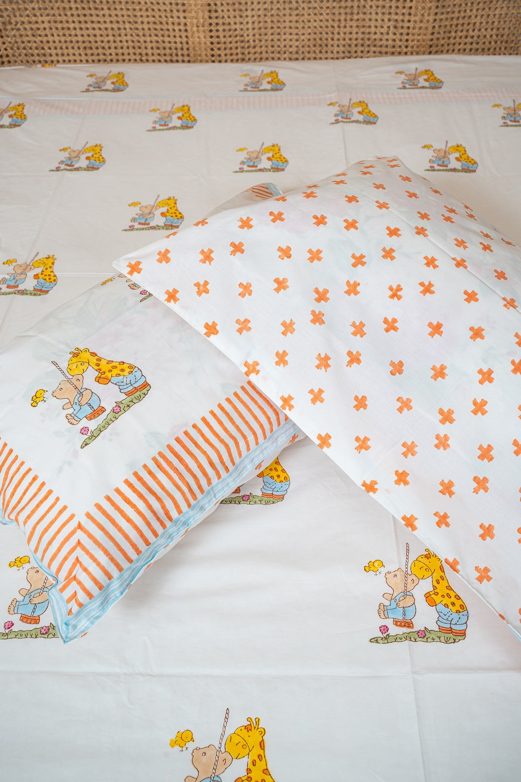 AEROPLANE HAND BLOCK PRINTED BEDSHEET WITH REVERSIBLE PILLOW COVER