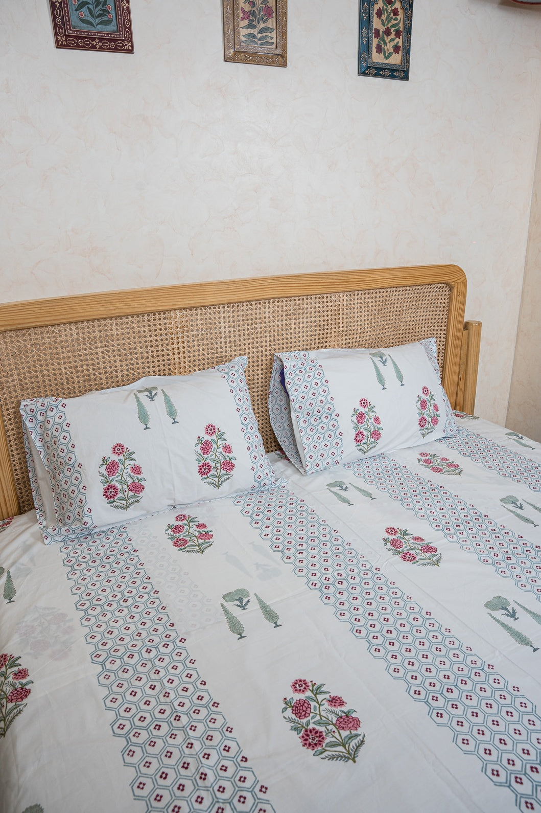 RAJAT HAND BLOCK PRINTED BEDSHEET WITH TWO REVERSIBLE PILLOW COVERS