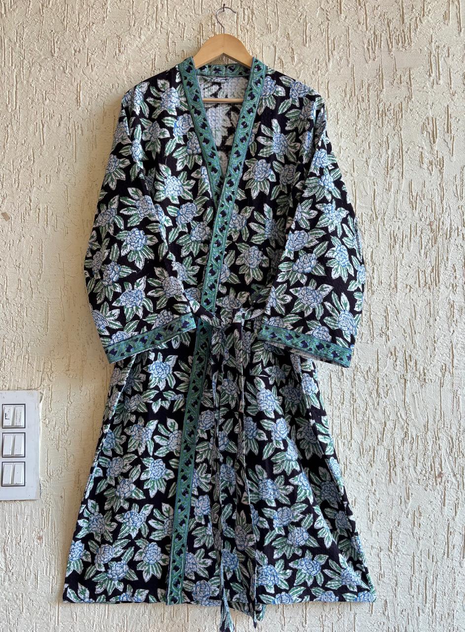 HAND BLOCK PRINTED WAFFLE BATHROBE