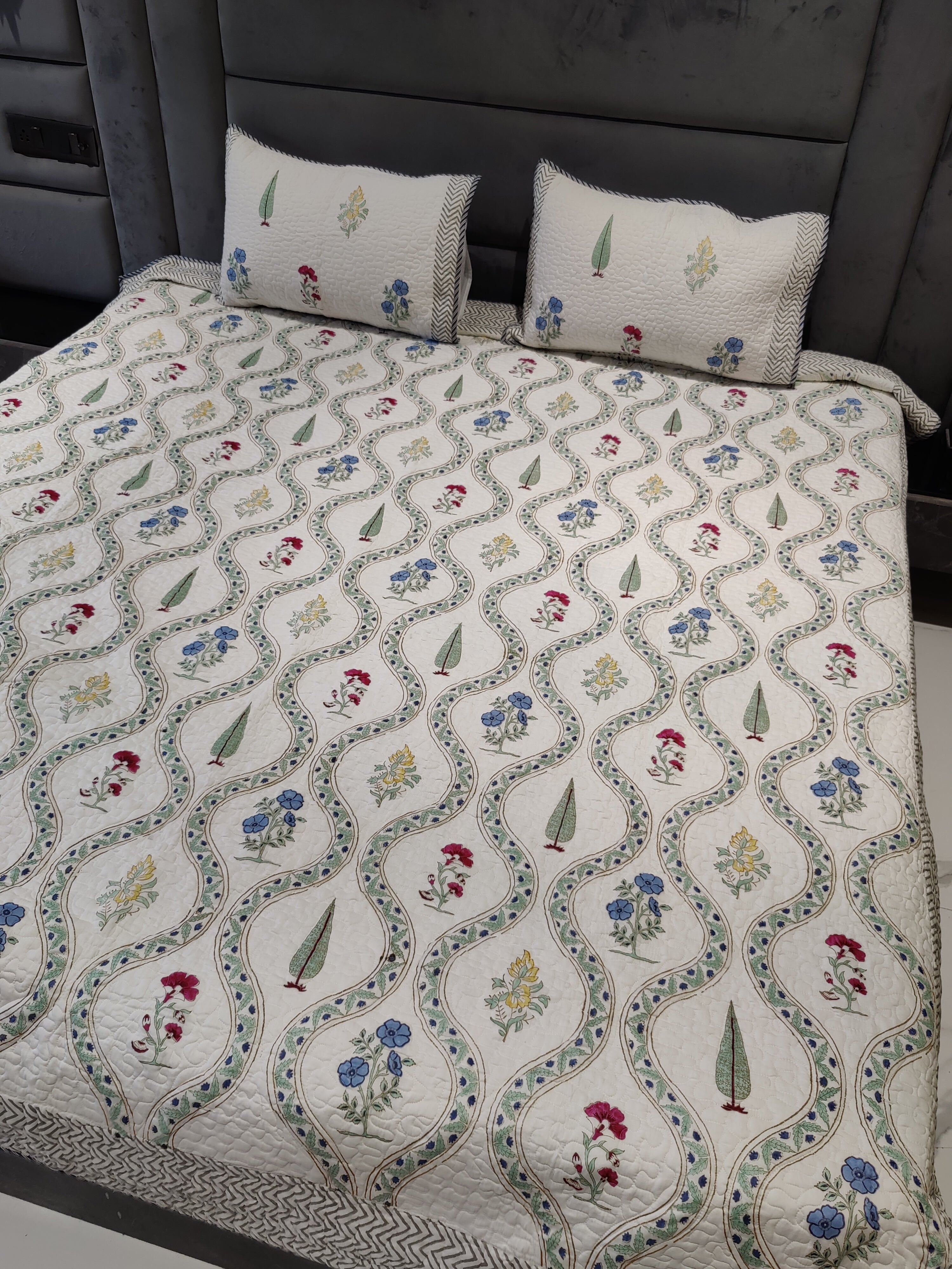 REVERSIBLE MALLIKA HANDBLOCK PRINTED QUILTED BEDCOVER