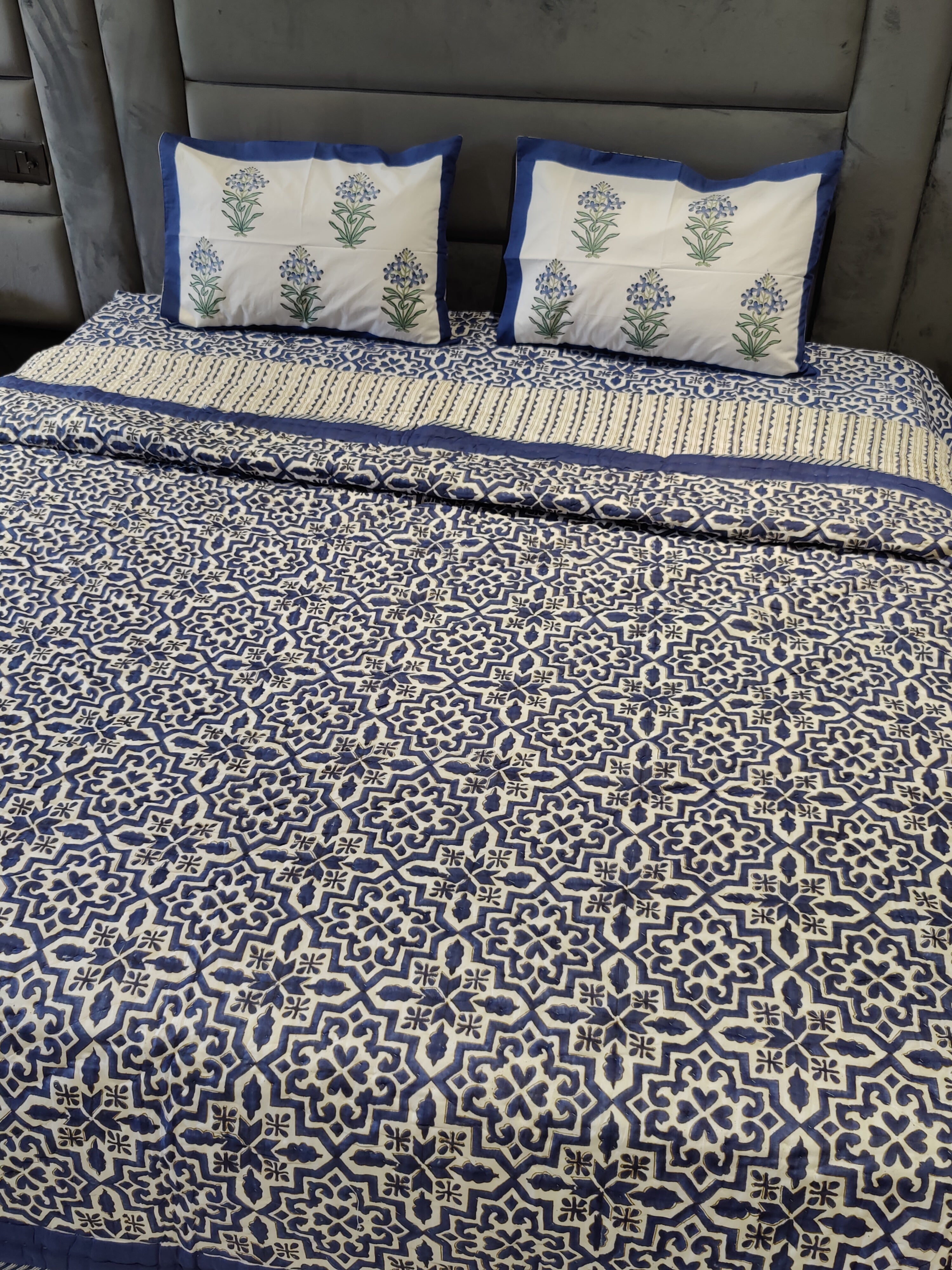 BLUE GEOMETRICAL HAND BLOCK PRINTED BEDDING SET