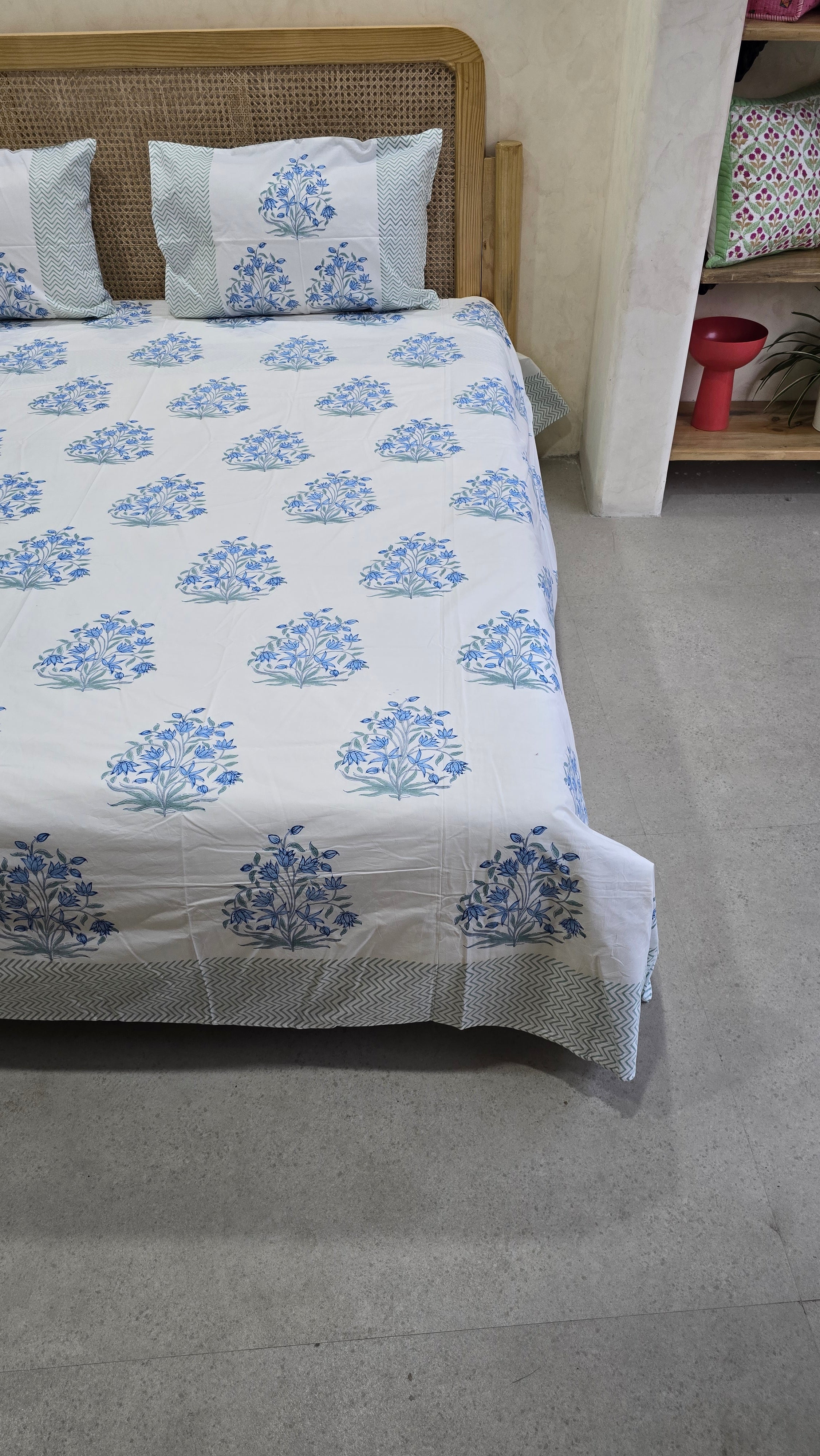 NEEL HAND BLOCK PRINTED BEDSHEET WITH TWO REVERSIBLE PILLOW COVERS