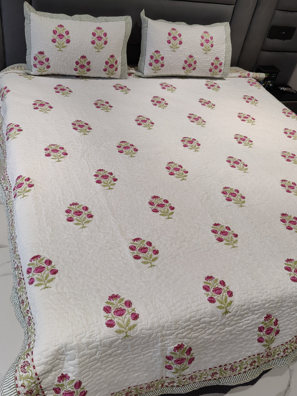 PINK BLUSH HANDBLOCK PRINTED QUILTED BEDCOVER
