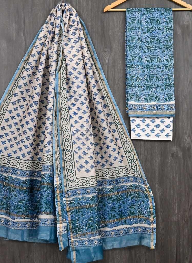 HAND BLOCK PRINTED CHANDERI UNSTITCHED SUIT
