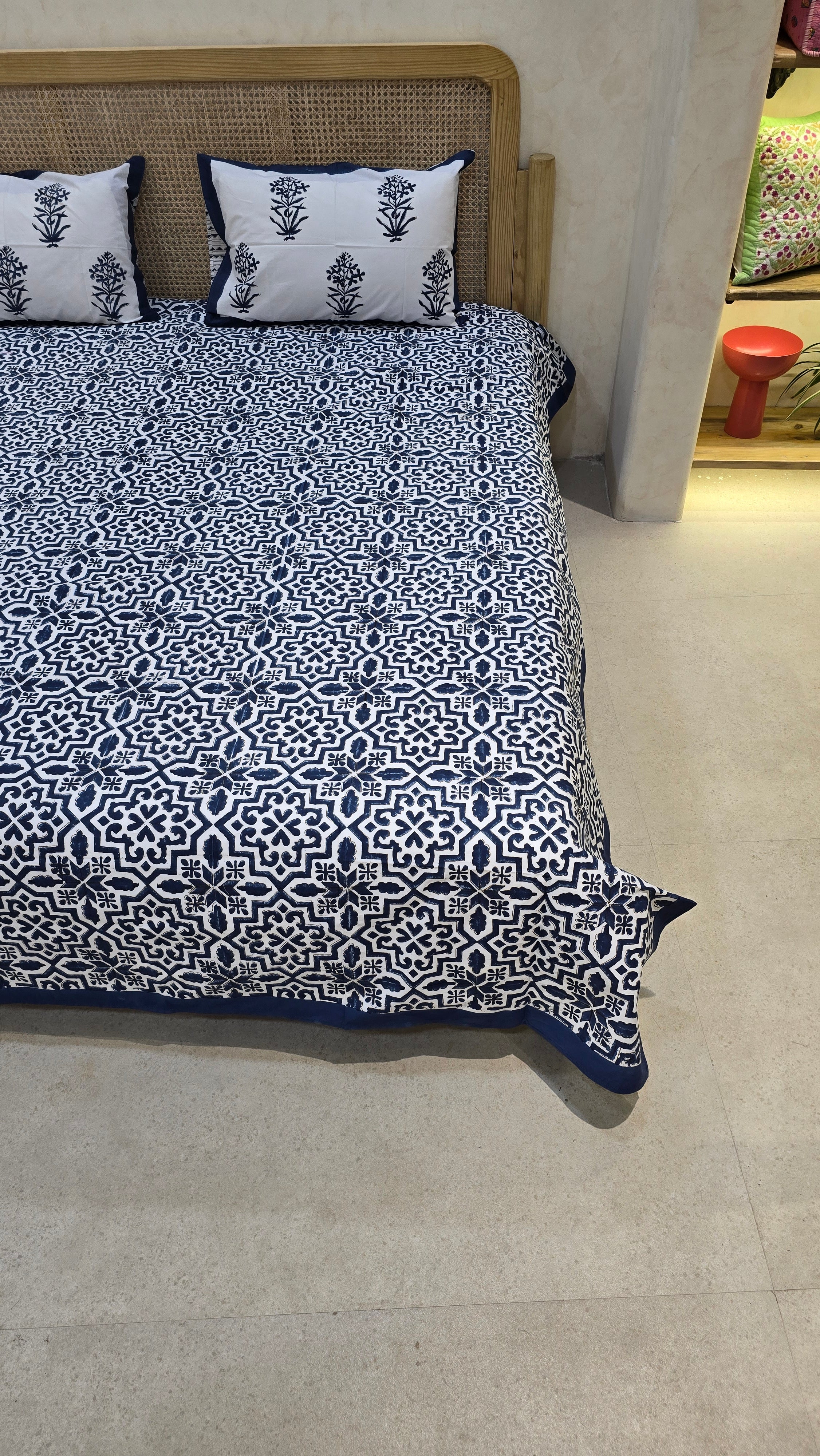 BLUE GEOMETRICAL HAND BLOCK PRINTED BEDSHEET WITH TWO REVERSIBLE PILLOW COVERS