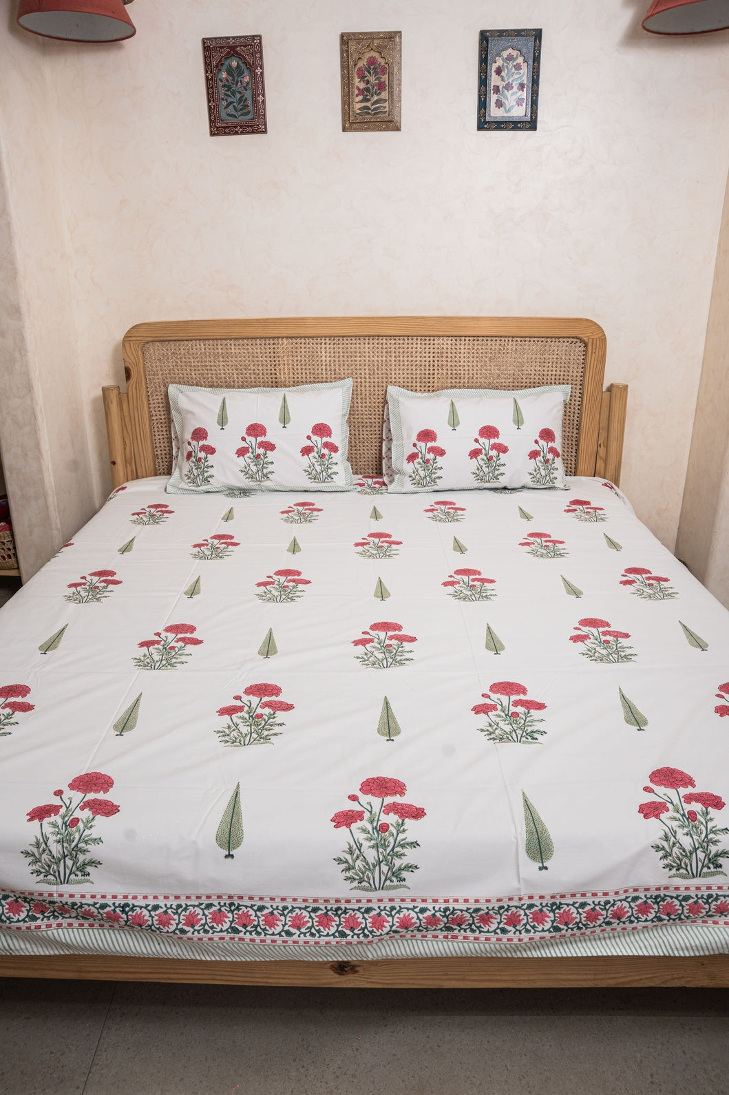 RED MARIGOLD HAND BLOCK PRINTED BEDSHEET WITH TWO REVERSIBLE PILLOW COVERS