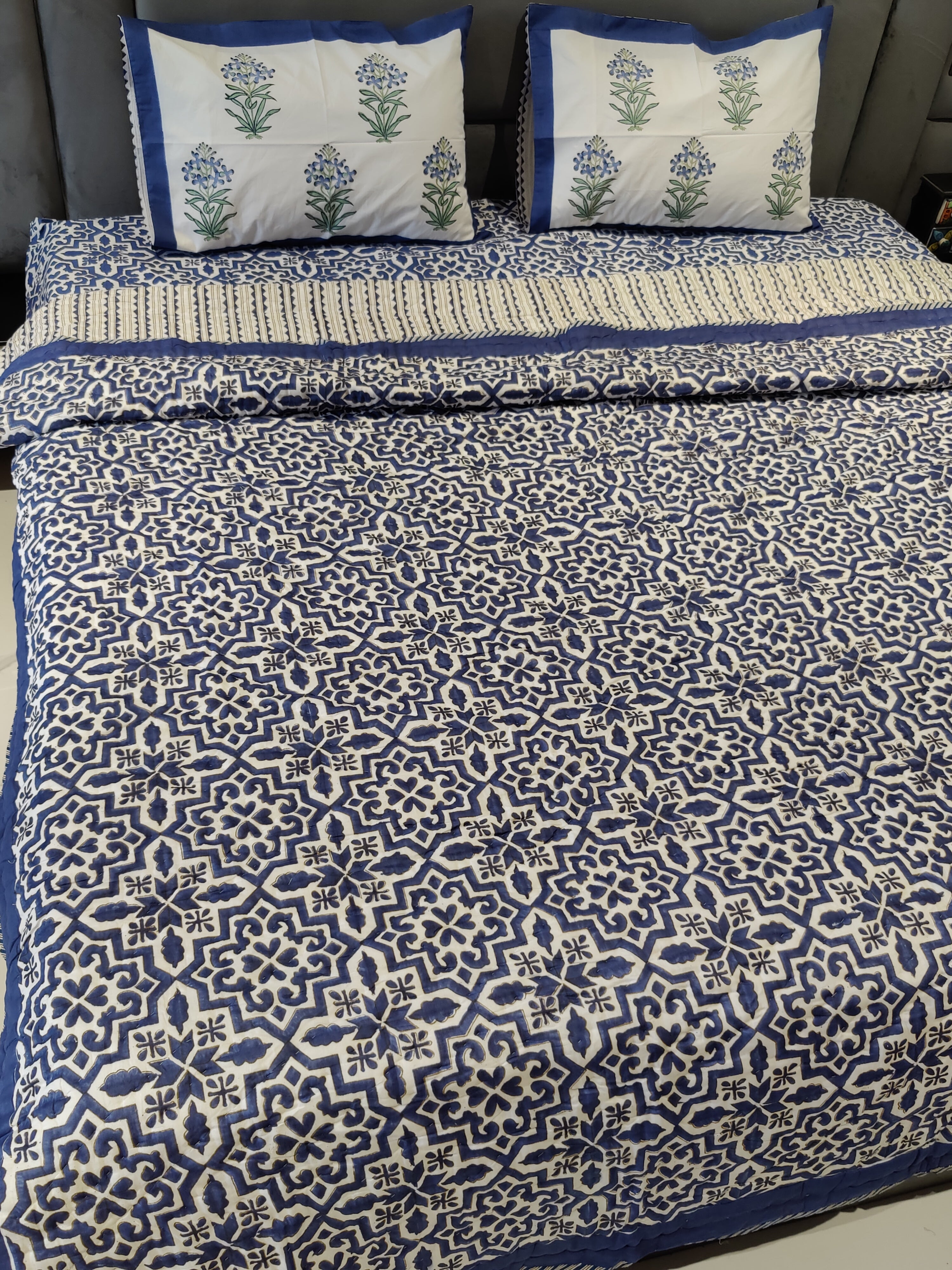 BLUE GEOMETRICAL HAND BLOCK PRINTED BEDDING SET