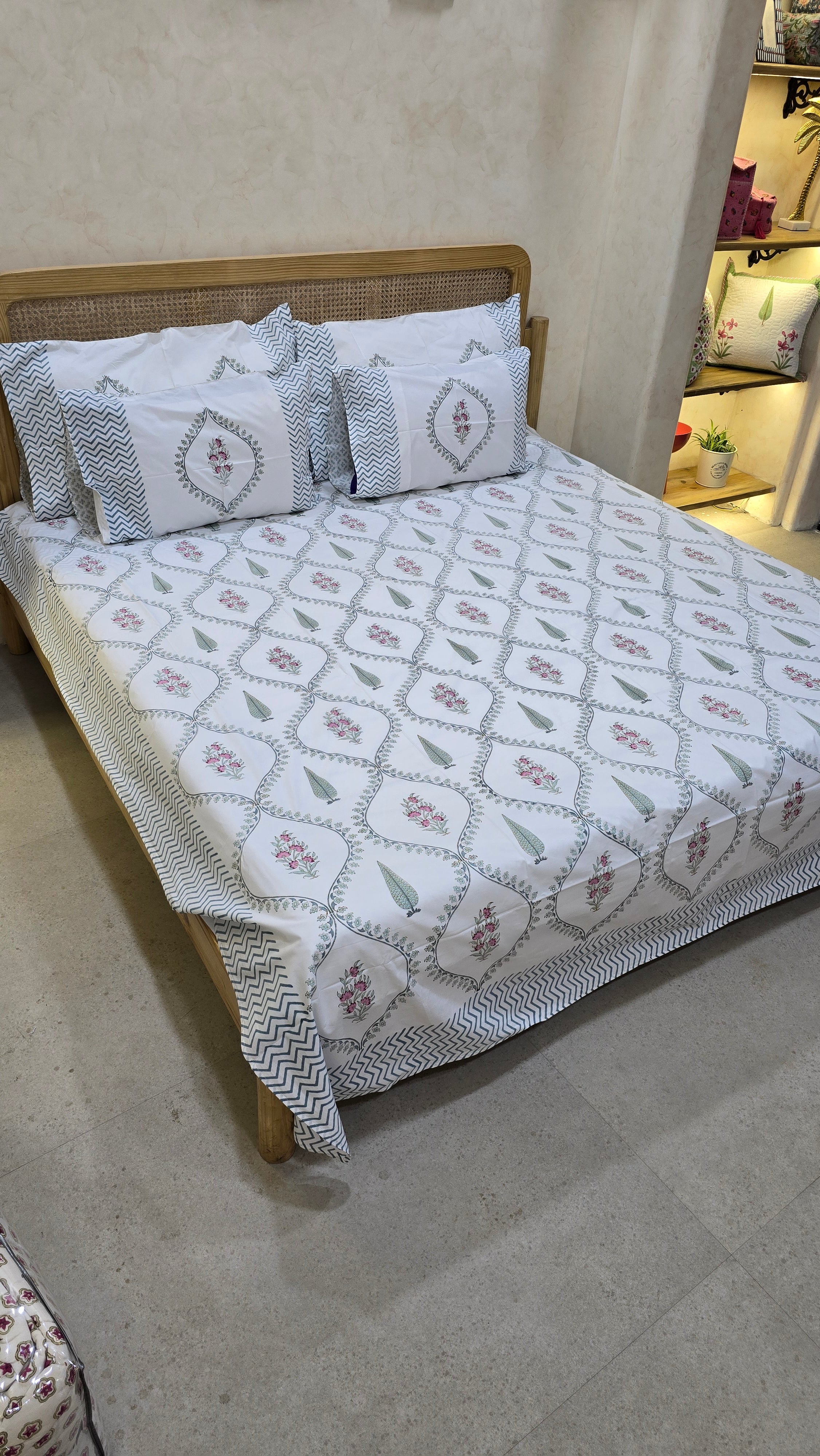 PRISHA HAND BLOCK PRINTED BEDSHEET WITH TWO REVERSIBLE PILLOW COVERS