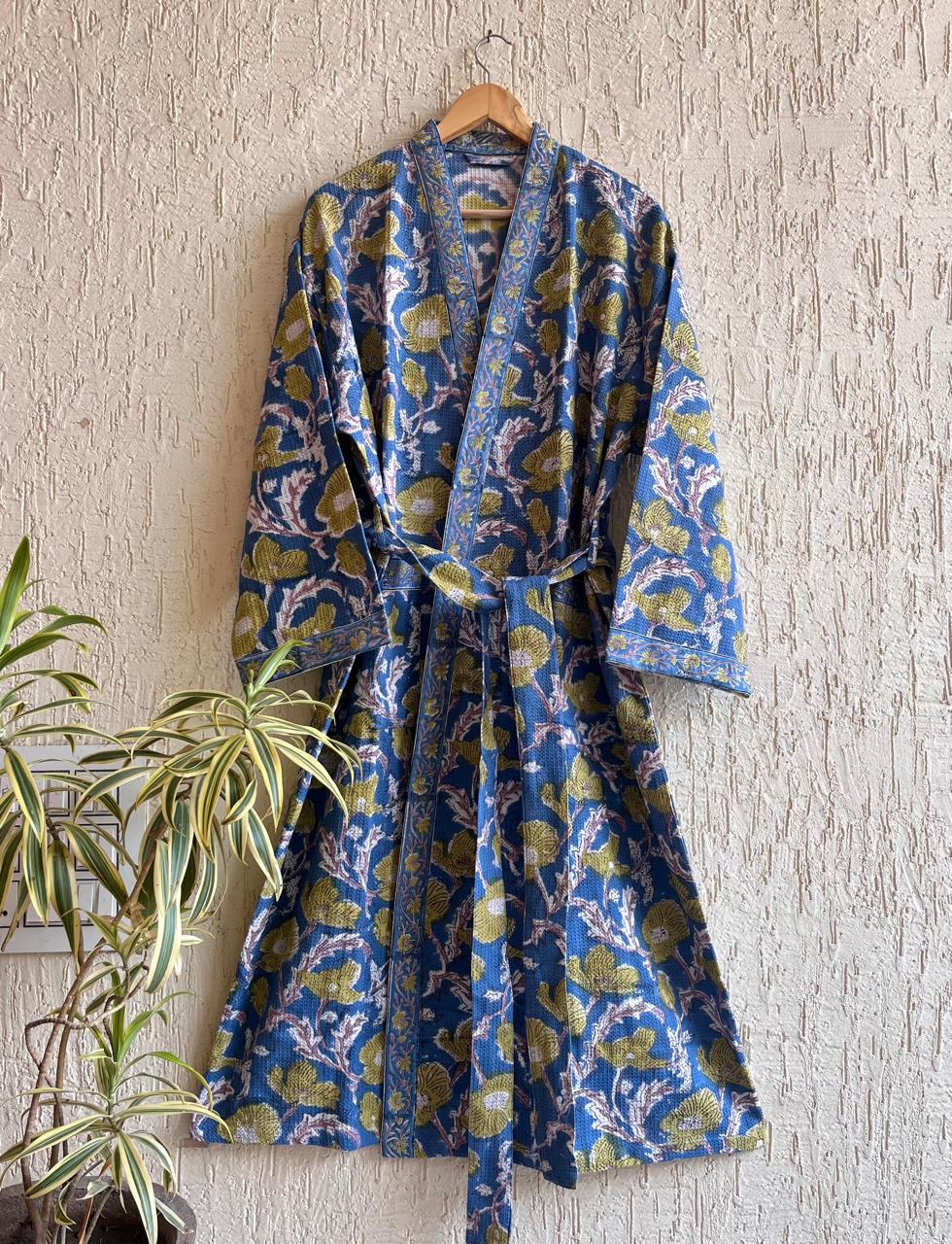 HAND BLOCK PRINTED WAFFLE BATHROBE