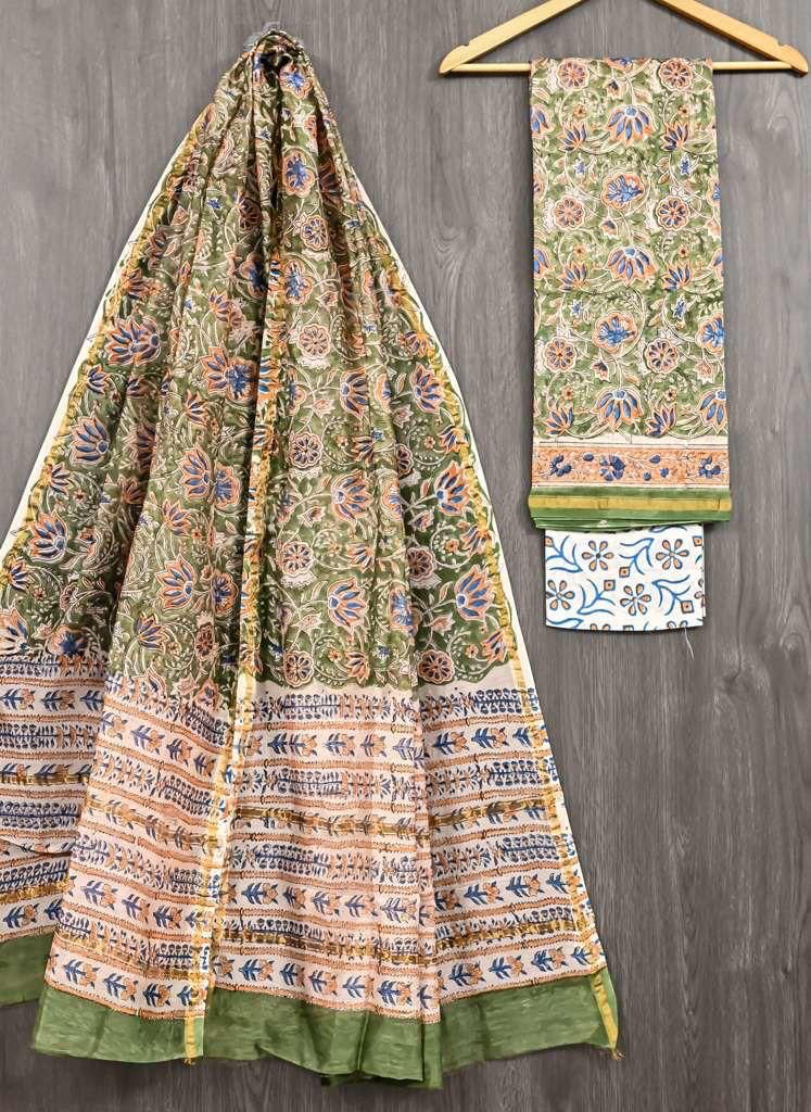 HAND BLOCK PRINTED CHANDERI UNSTITCHED SUIT