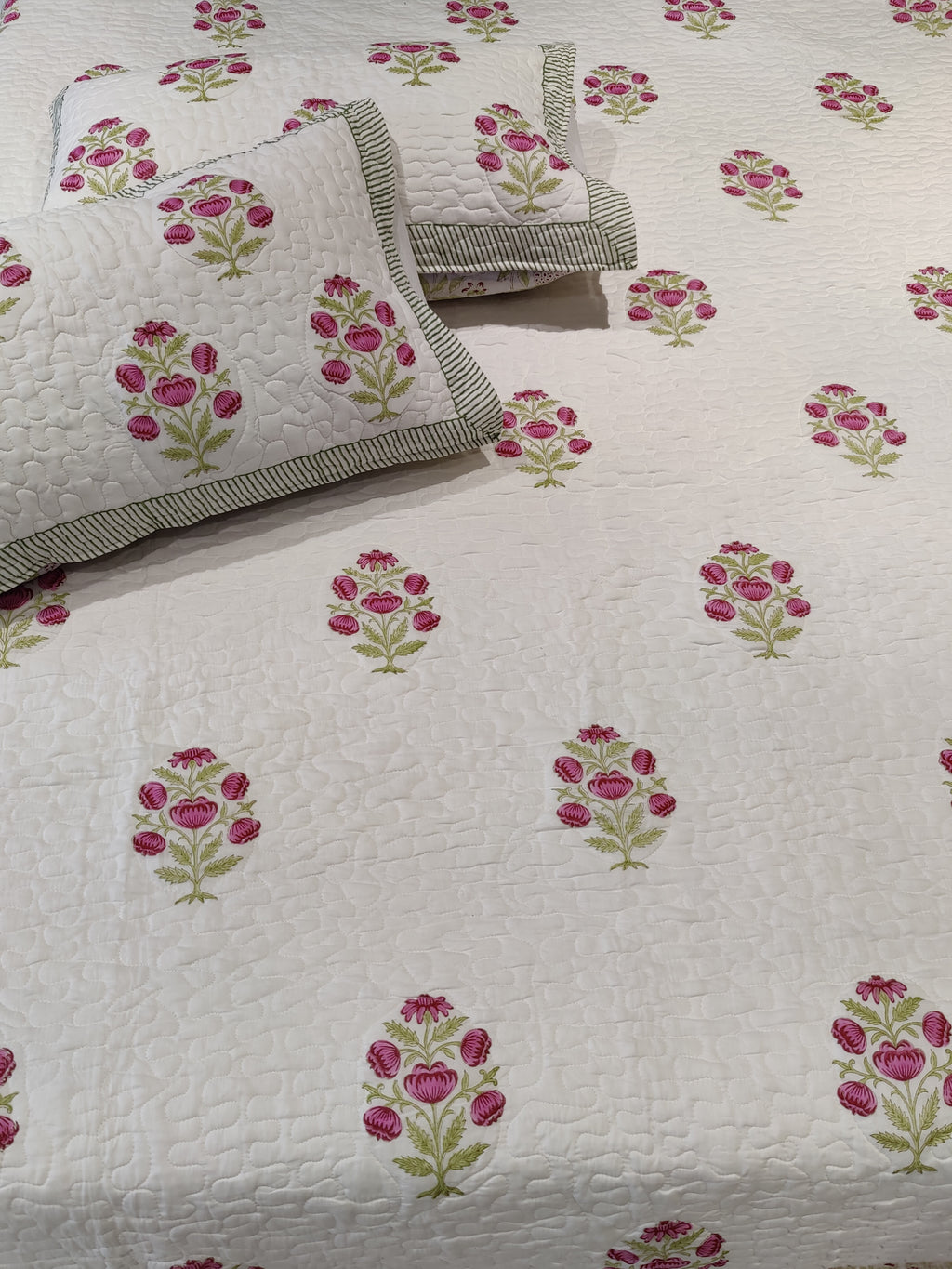 PINK BLUSH HANDBLOCK PRINTED QUILTED BEDCOVER