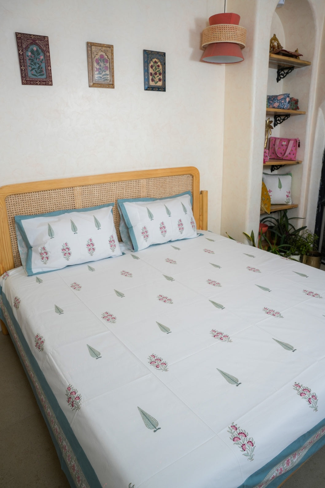 OLIVER HAND BLOCK PRINTED BEDSHEET WITH TWO REVERSIBLE PILLOW COVERS