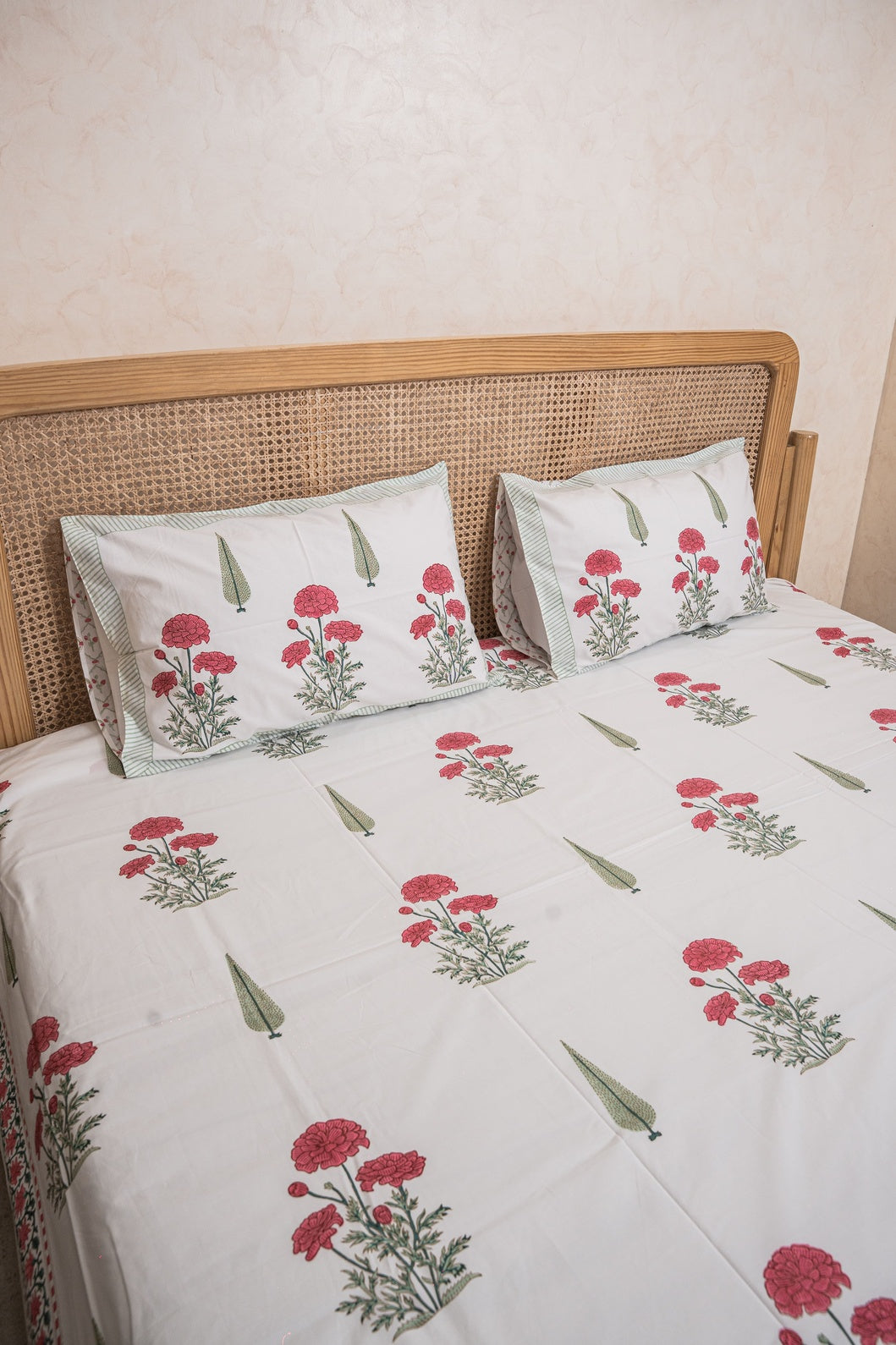 RED MARIGOLD HAND BLOCK PRINTED BEDSHEET WITH TWO REVERSIBLE PILLOW COVERS