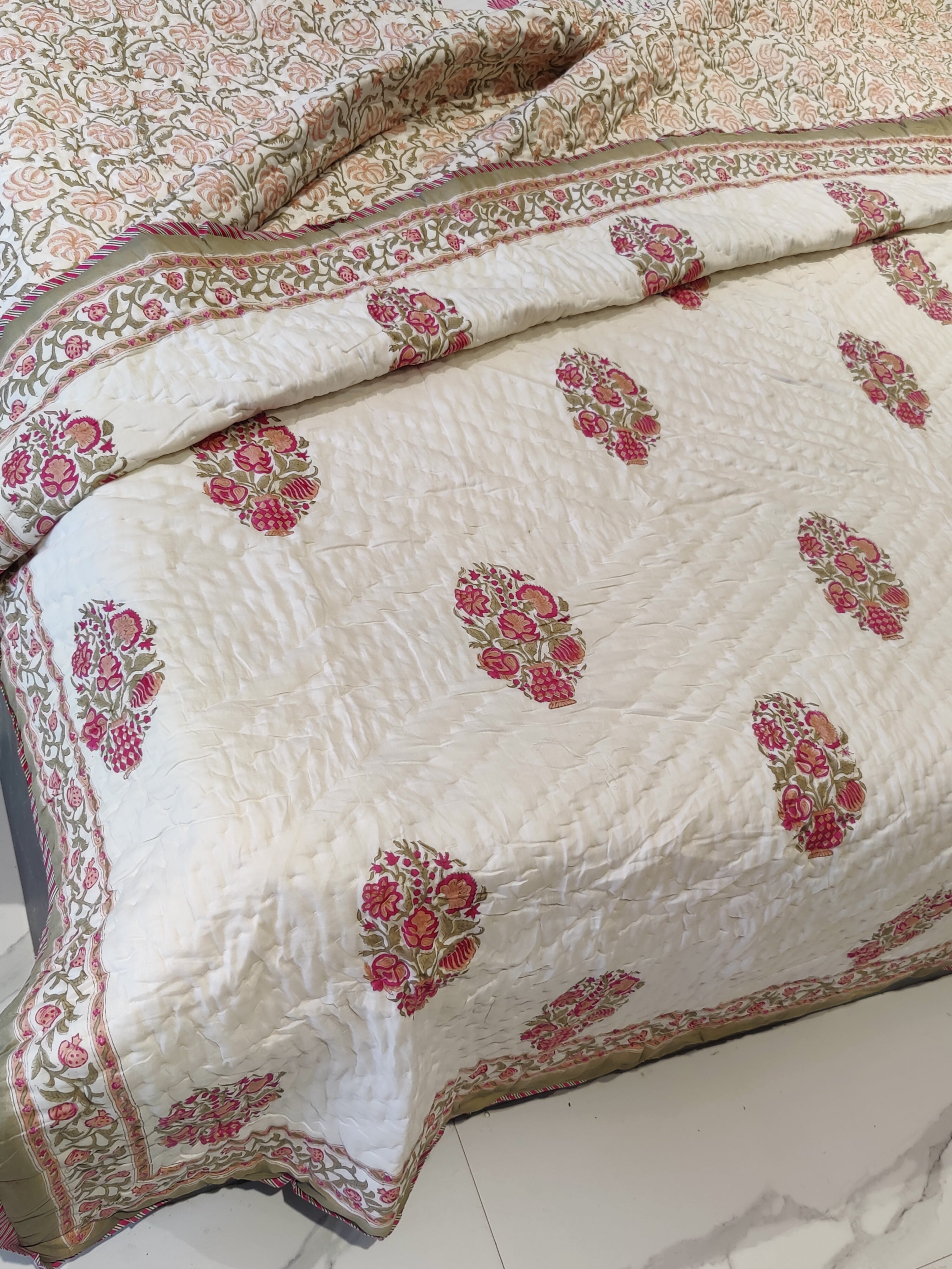 HAND BLOCK PRINTED REVERSIBLE MULMUL QUILT