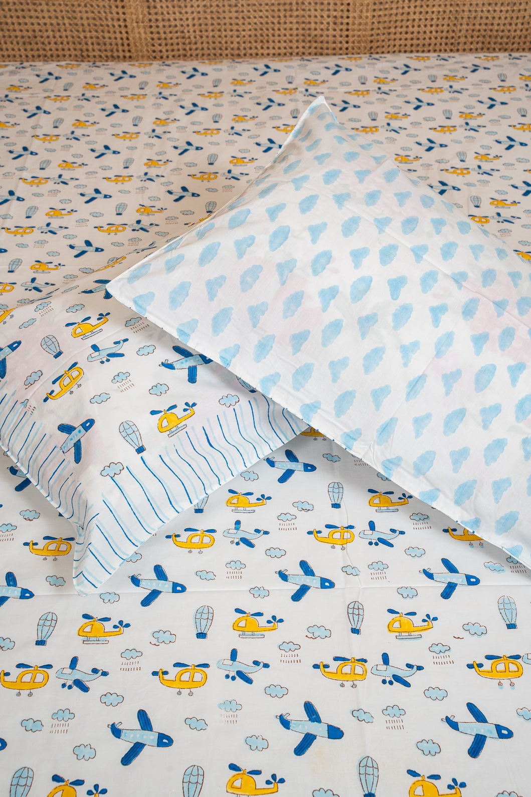 AEROPLANE HAND BLOCK PRINTED BEDSHEET WITH REVERSIBLE PILLOW COVER