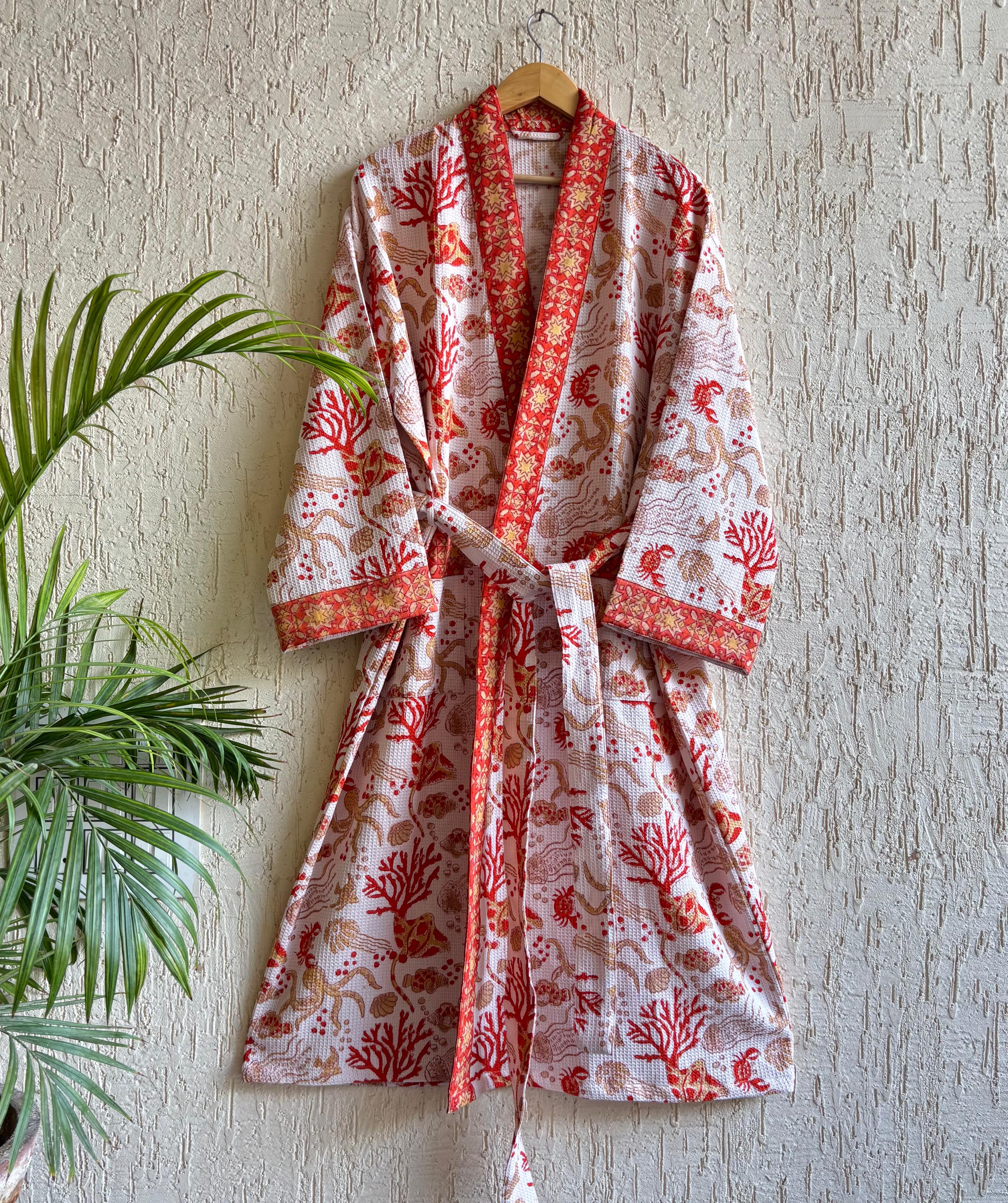 HAND BLOCK PRINTED WAFFLE BATHROBE