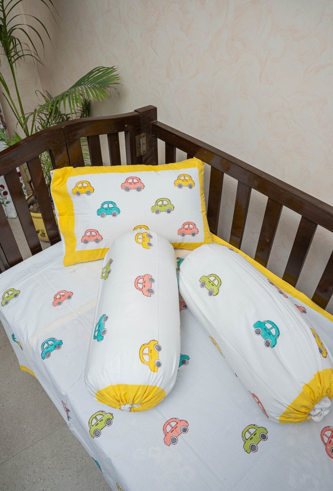 HAND BLOCK PRINTED CRIB BEDSHEET WITH PILLOW AND BOLSTER COVER