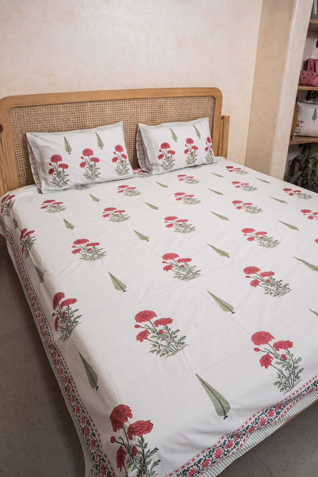 RED MARIGOLD HAND BLOCK PRINTED BEDSHEET WITH TWO REVERSIBLE PILLOW COVERS