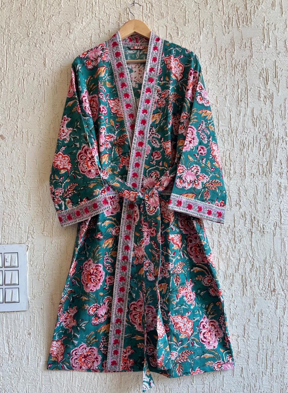 HAND BLOCK PRINTED WAFFLE BATHROBE