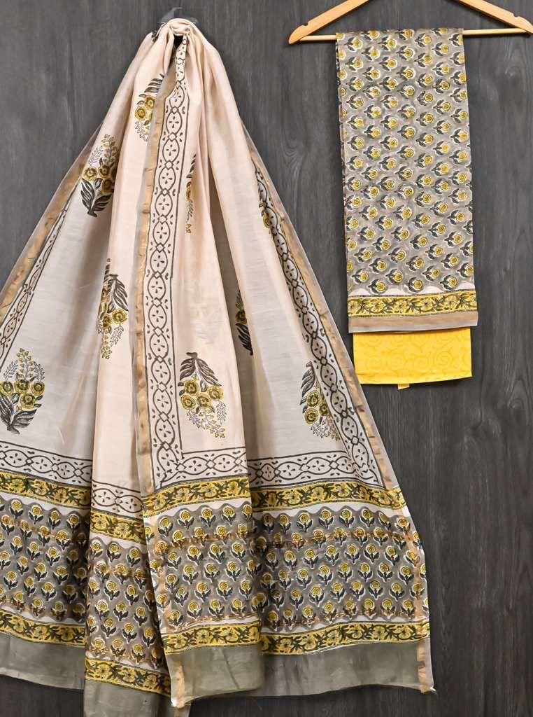HAND BLOCK PRINTED CHANDERI UNSTITCHED SUIT
