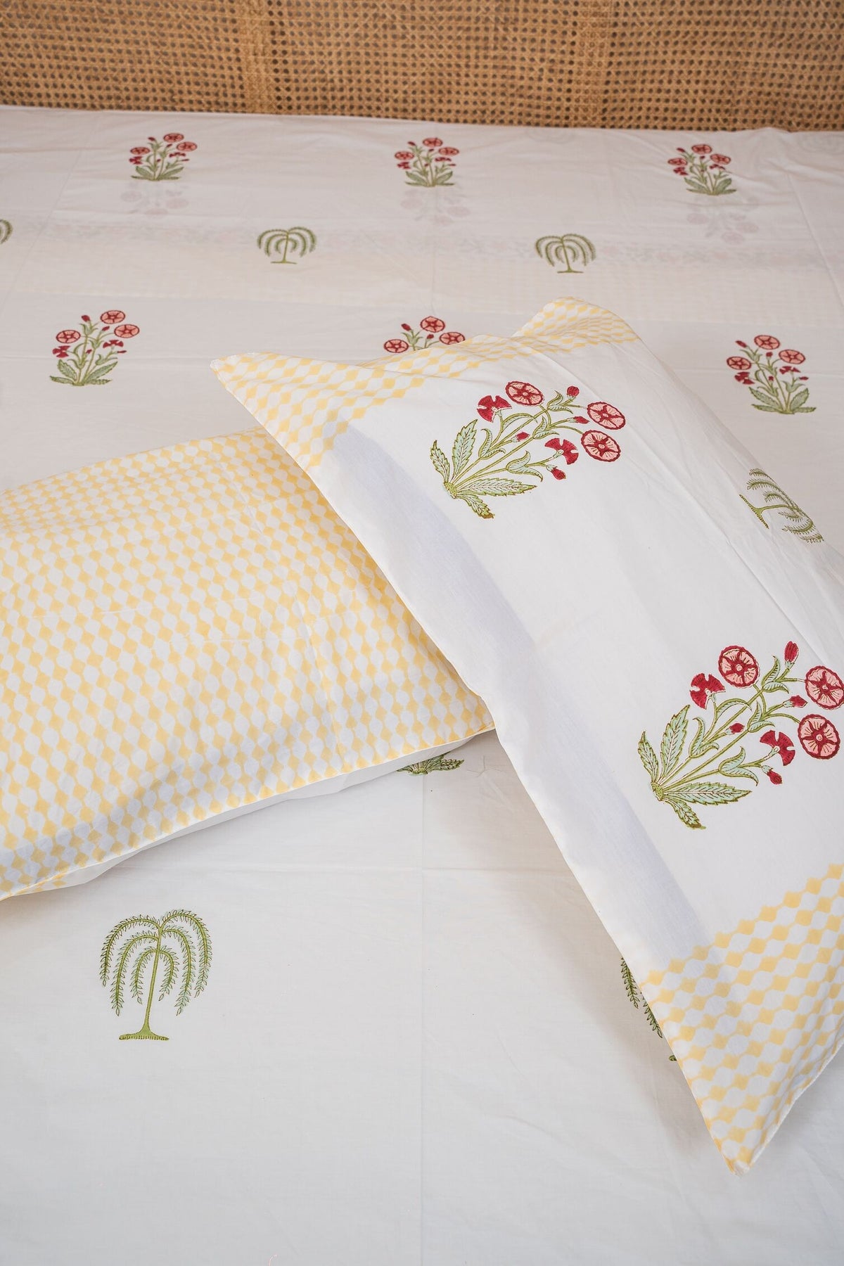 RUSTIC BLOOM HAND BLOCK PRINTED BEDSHEET WITH TWO REVERSIBLE PILLOW COVERS