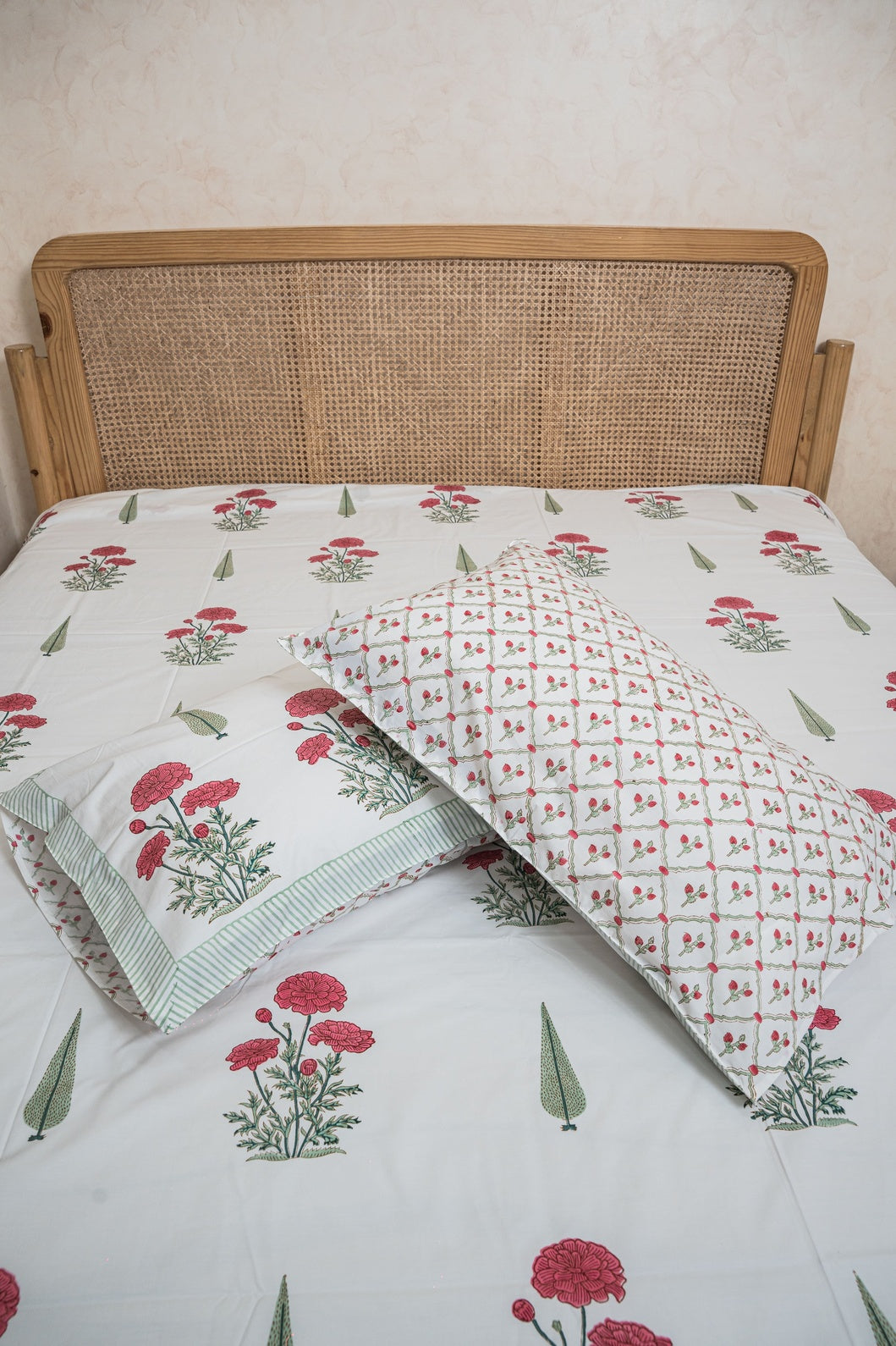 RED MARIGOLD HAND BLOCK PRINTED BEDSHEET WITH TWO REVERSIBLE PILLOW COVERS