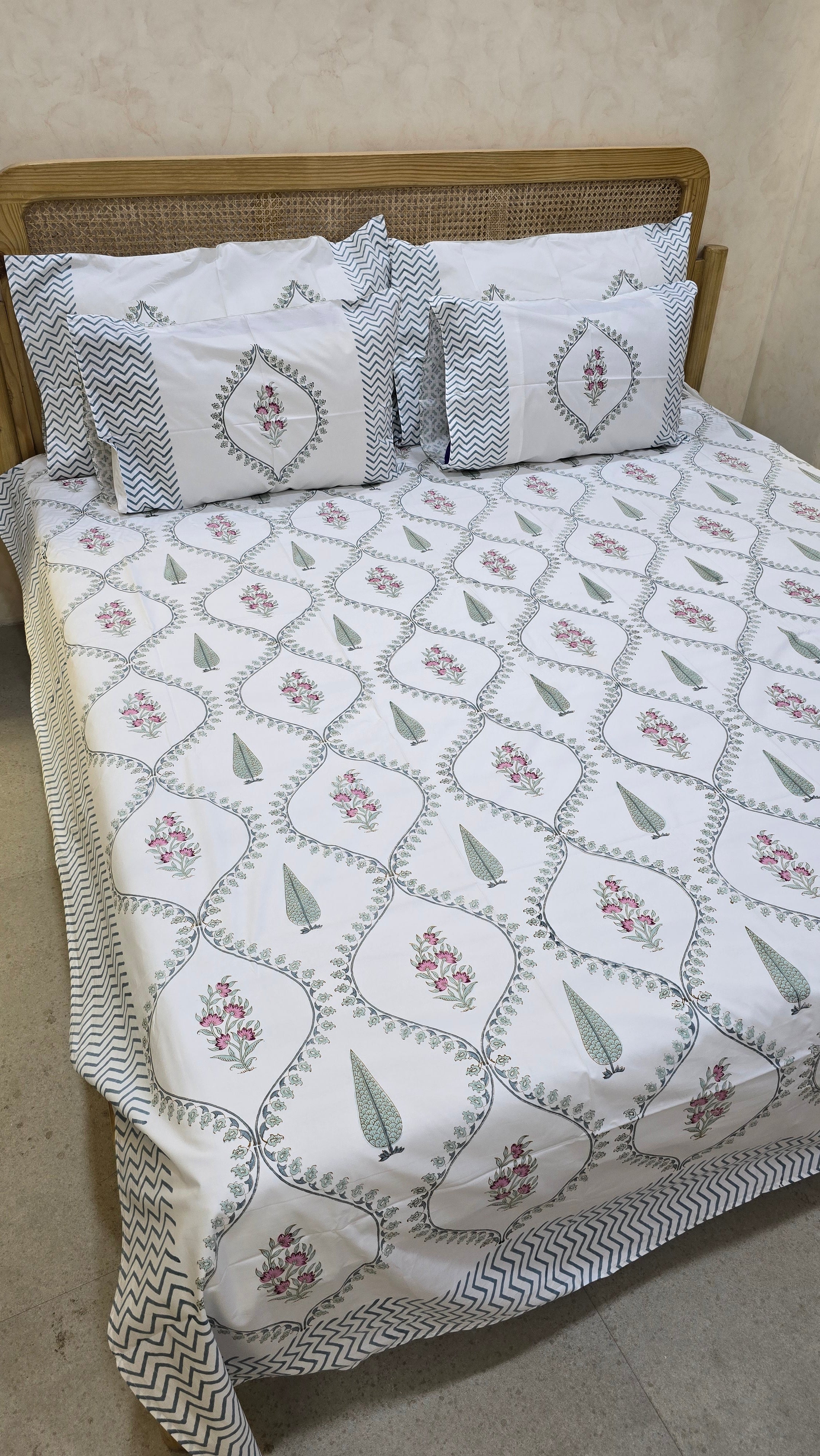 PRISHA HAND BLOCK PRINTED BEDSHEET WITH TWO REVERSIBLE PILLOW COVERS