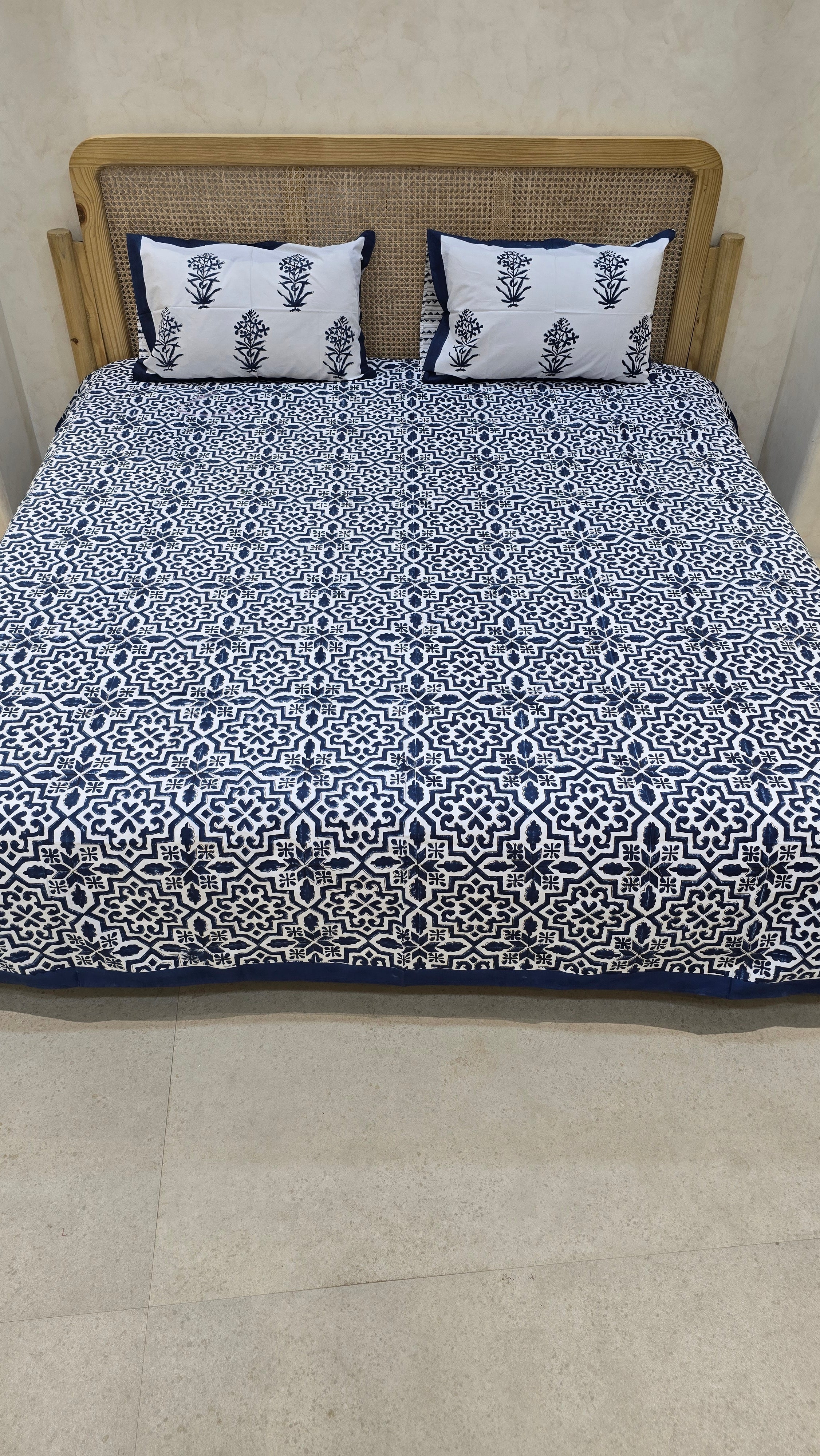 BLUE GEOMETRICAL HAND BLOCK PRINTED BEDSHEET WITH TWO REVERSIBLE PILLOW COVERS