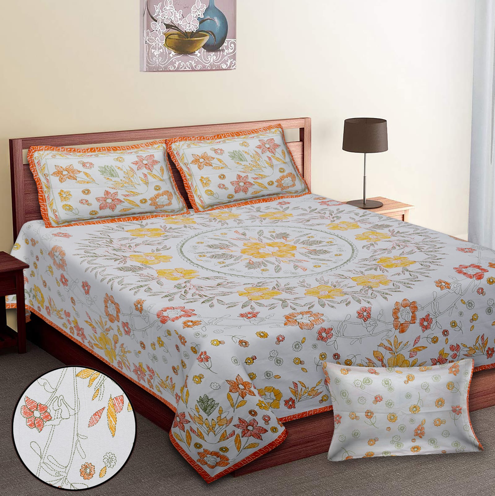 PURE COTTON BEDSHEET WITH TWO REVERSIBLE PILLOW COVERS