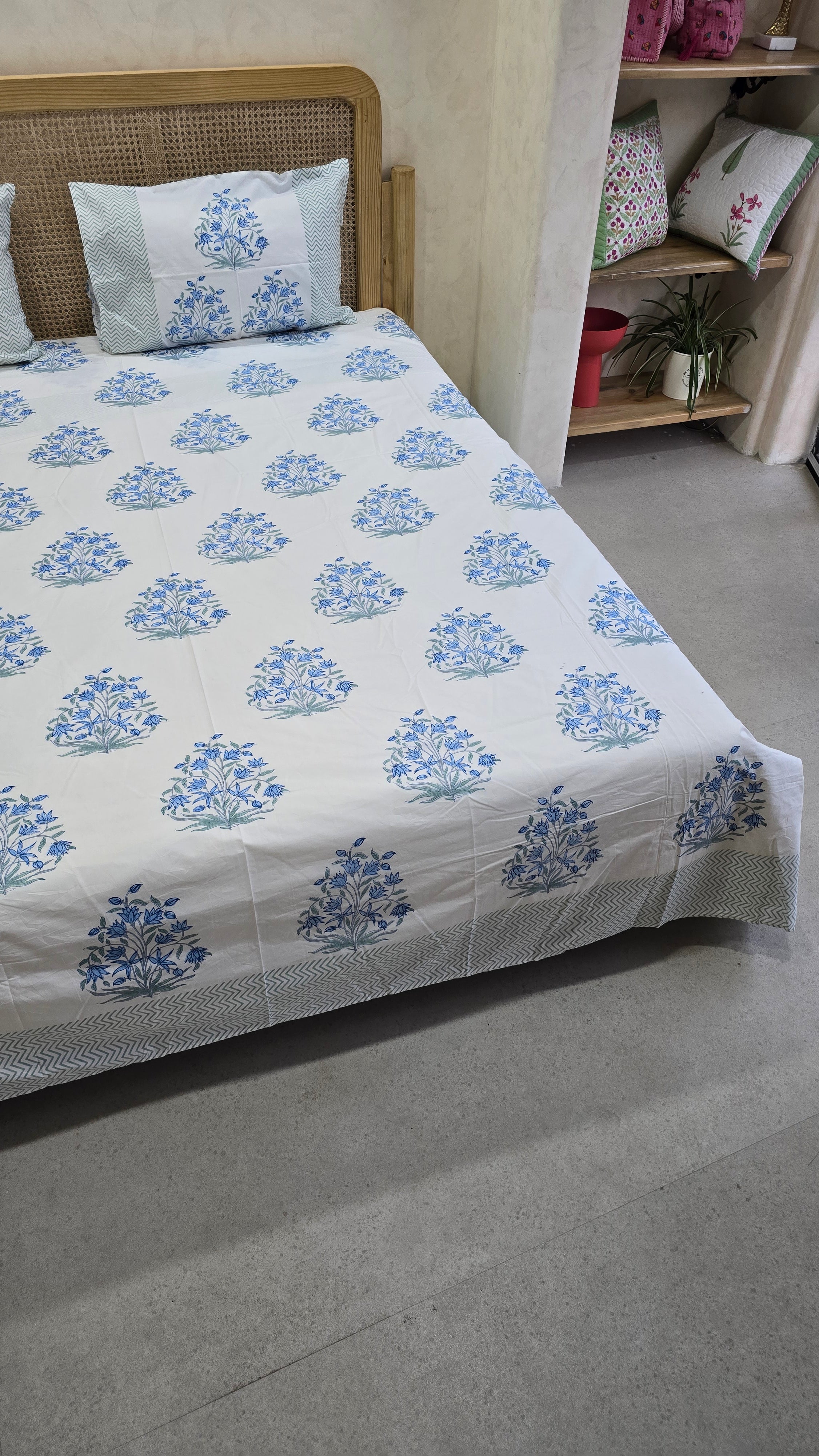 NEEL HAND BLOCK PRINTED BEDSHEET WITH TWO REVERSIBLE PILLOW COVERS