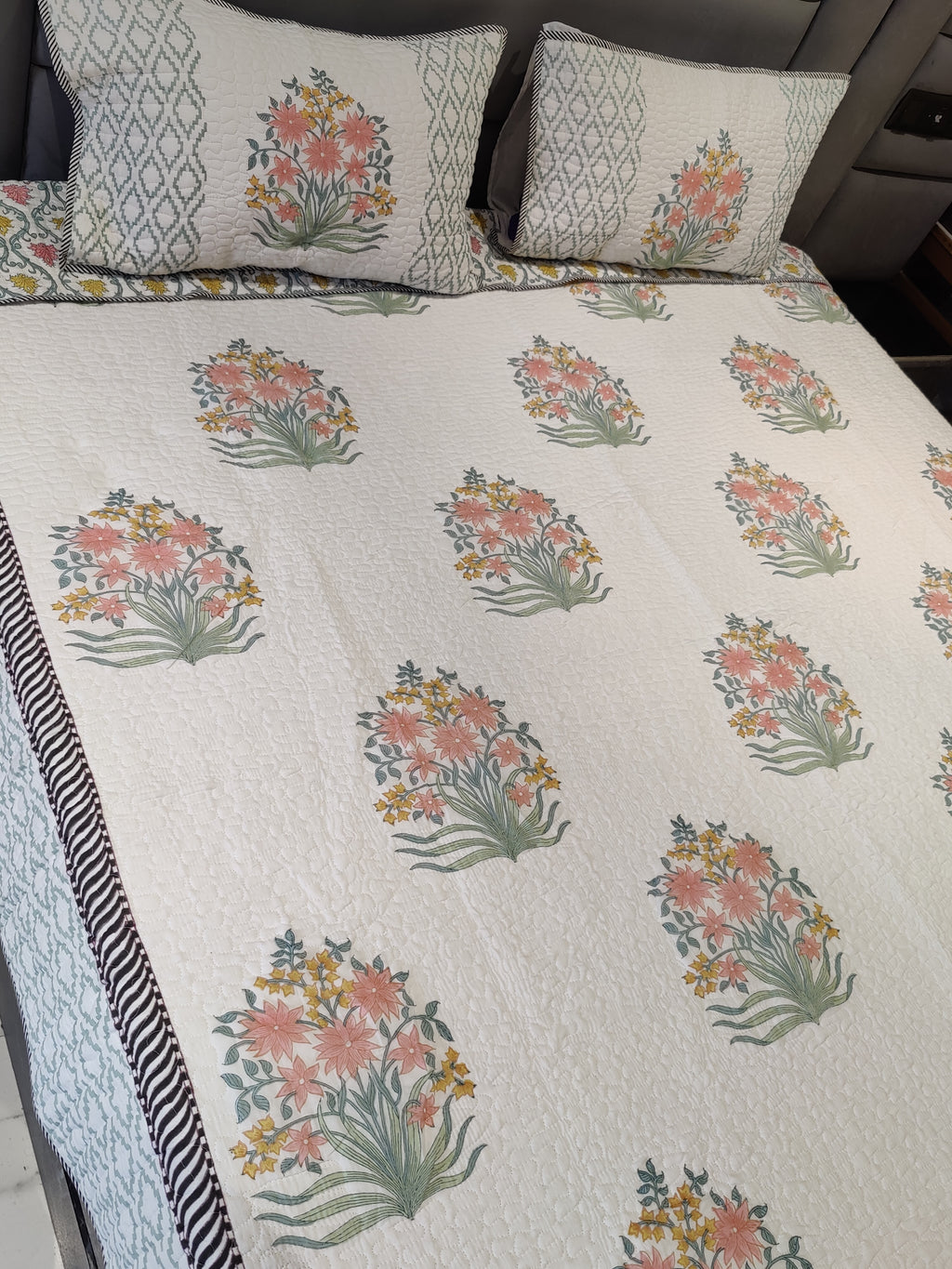 REVERSIBLE BOUQUET HANDBLOCK PRINTED QUILTED BEDCOVER
