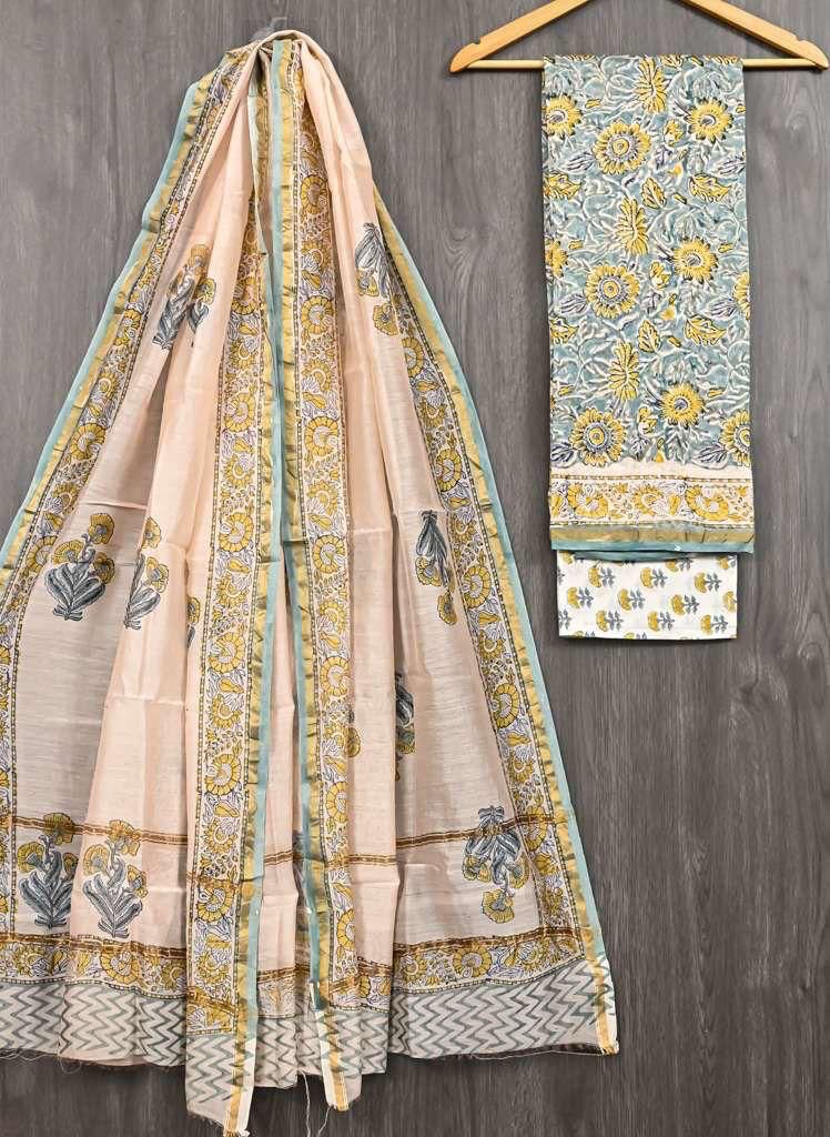 HAND BLOCK PRINTED CHANDERI UNSTITCHED SUIT