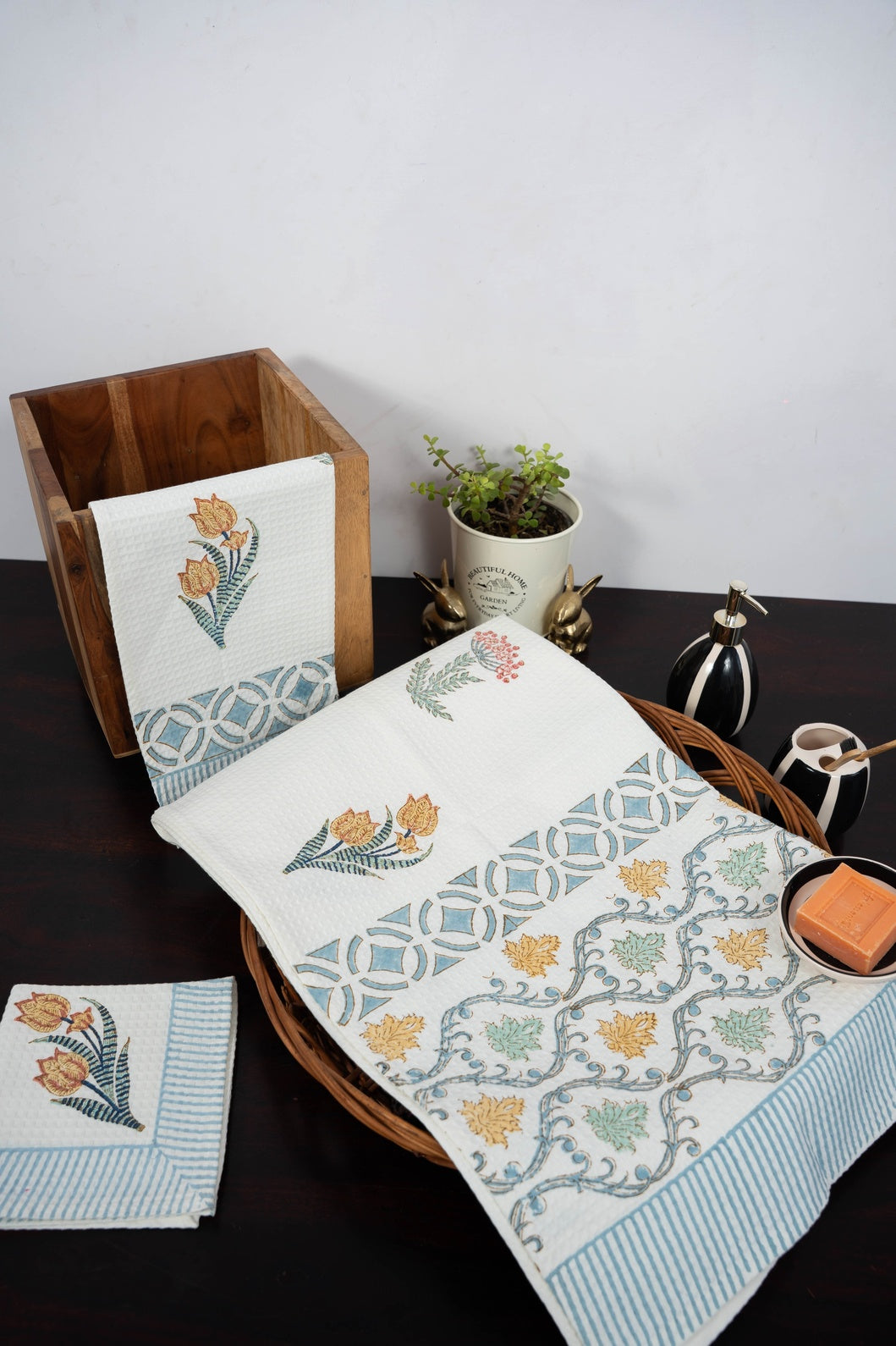 WHISPERING PEONIES  HANDBLOCK PRINTED BODY / HAND TOWEL / NAPKIN