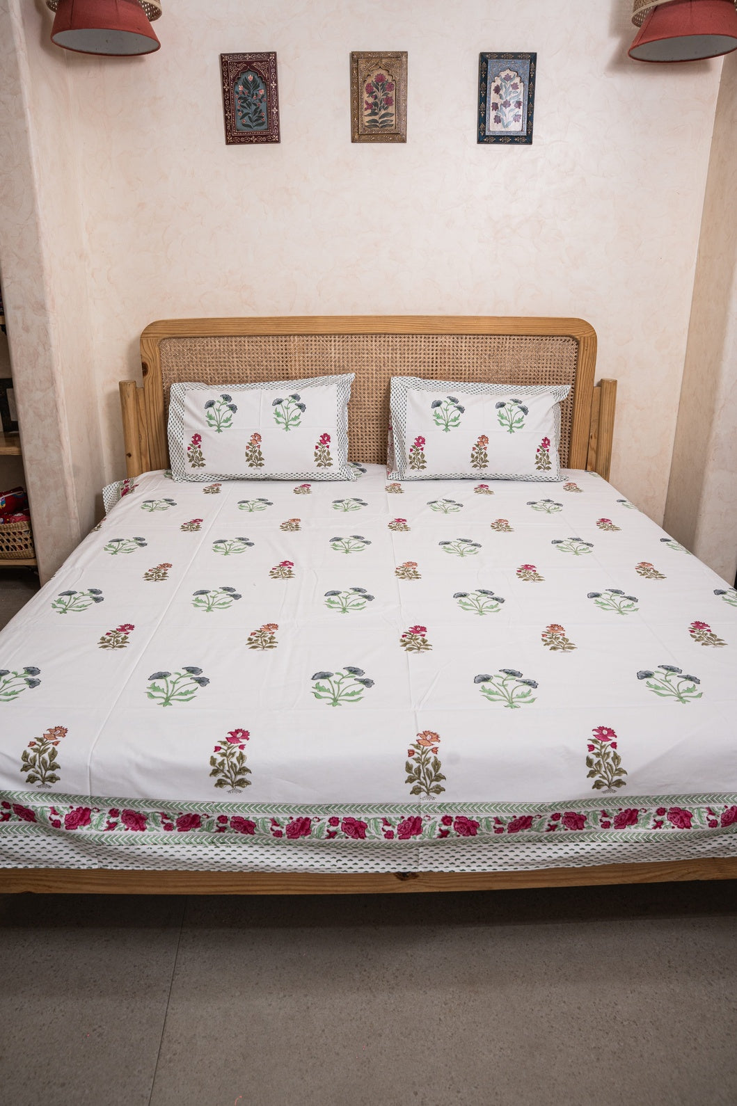 NIHARIKA HAND BLOCK PRINTED BEDSHEET WITH TWO REVERSIBLE PILLOW COVERS