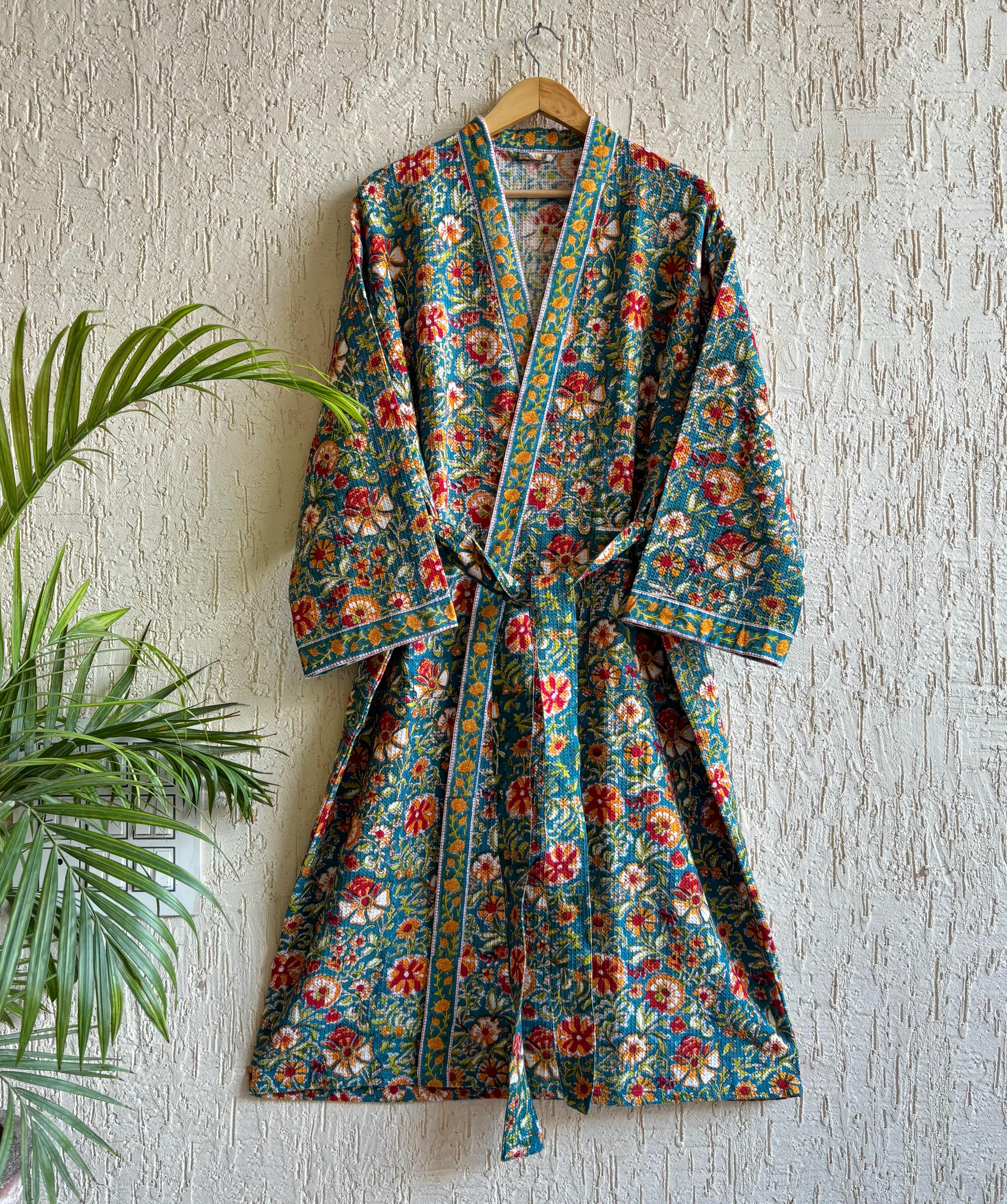 HAND BLOCK PRINTED WAFFLE BATHROBE
