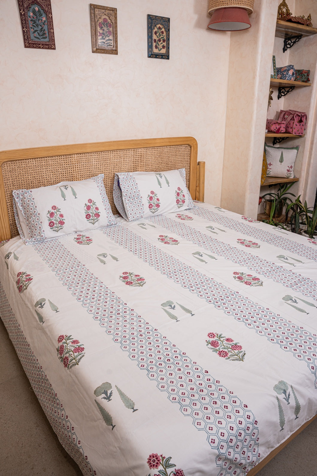 RAJAT HAND BLOCK PRINTED BEDSHEET WITH TWO REVERSIBLE PILLOW COVERS