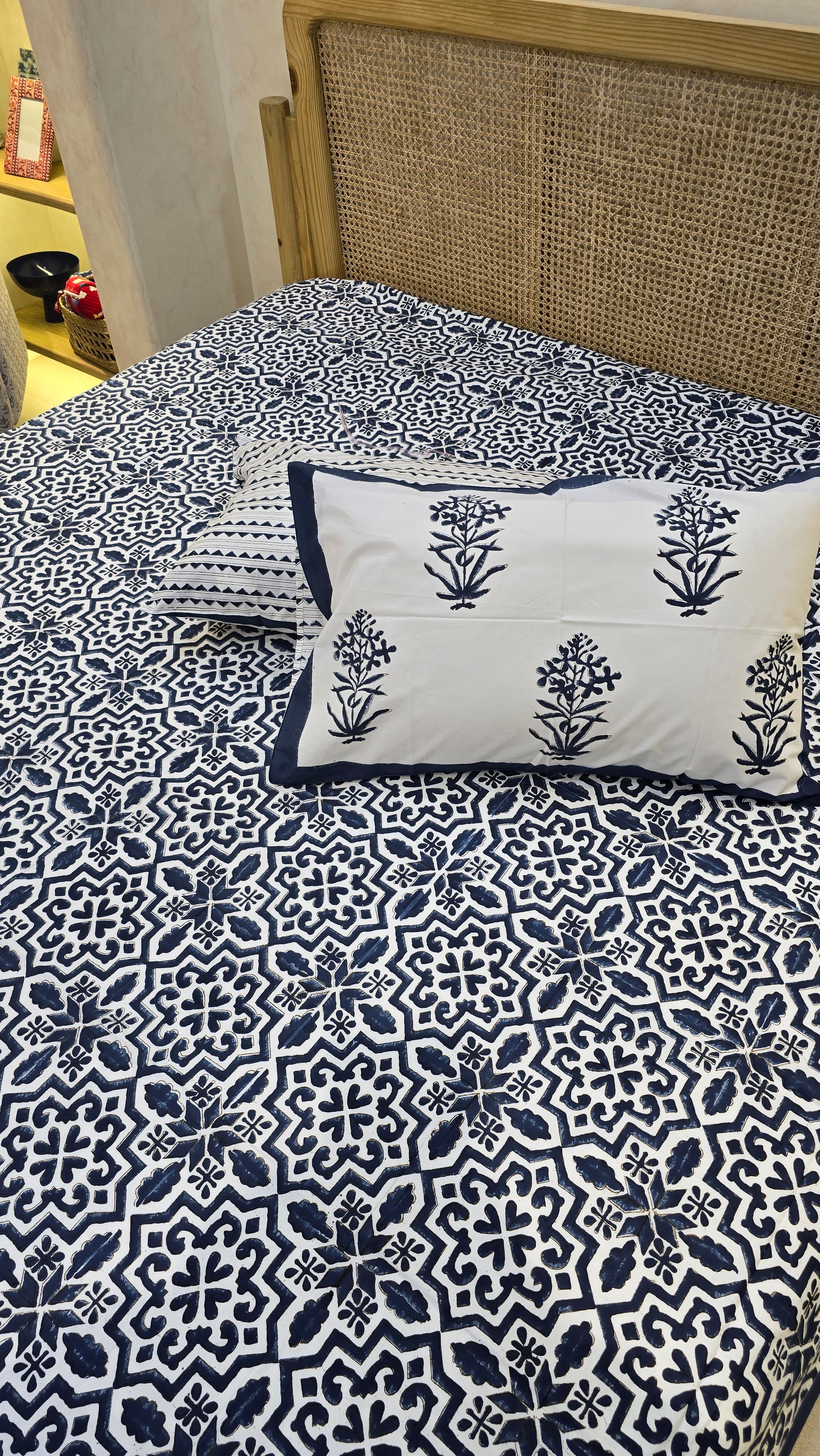 BLUE GEOMETRICAL HAND BLOCK PRINTED BEDSHEET WITH TWO REVERSIBLE PILLOW COVERS