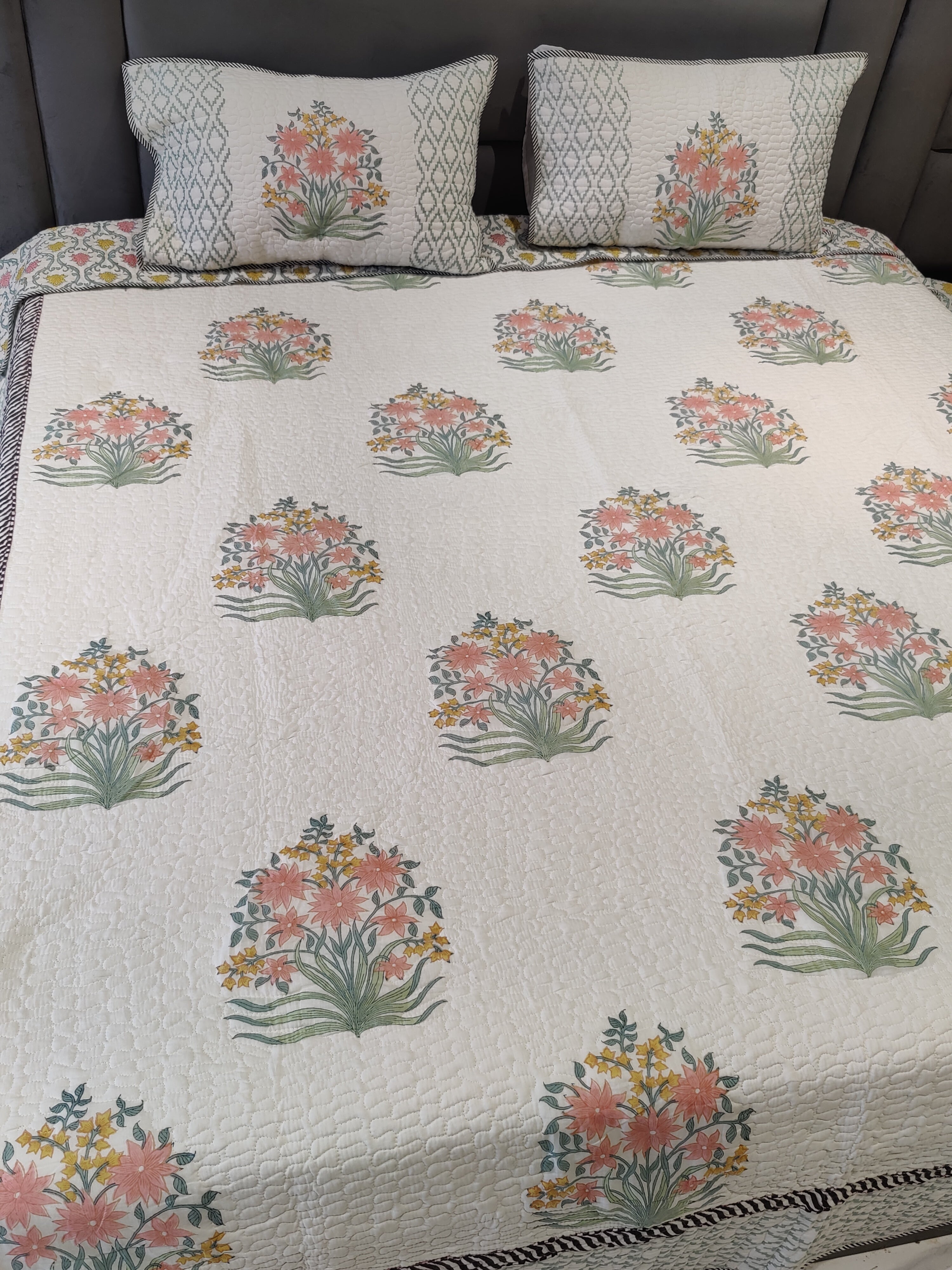 REVERSIBLE BOUQUET HANDBLOCK PRINTED QUILTED BEDCOVER
