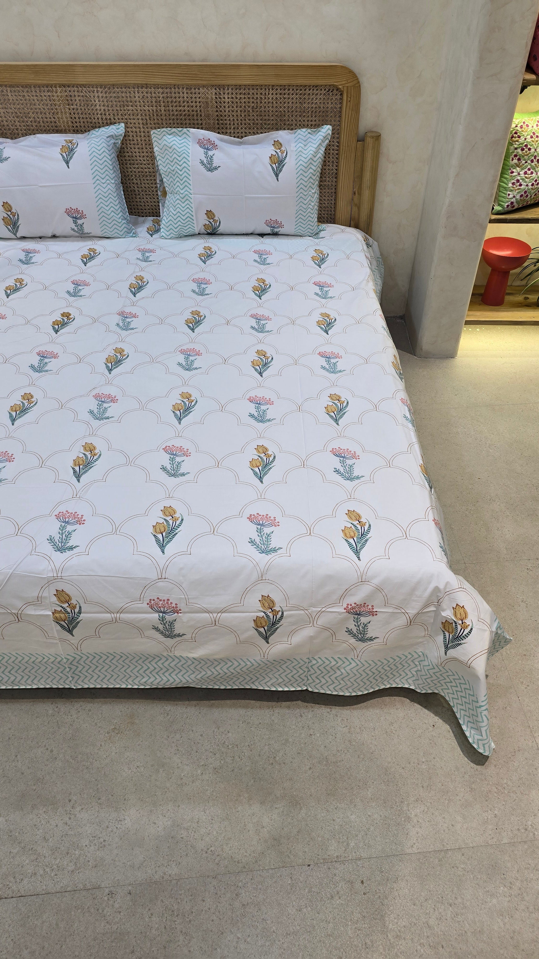 NAITIK HAND BLOCK PRINTED BEDSHEET WITH TWO REVERSIBLE PILLOW COVERS