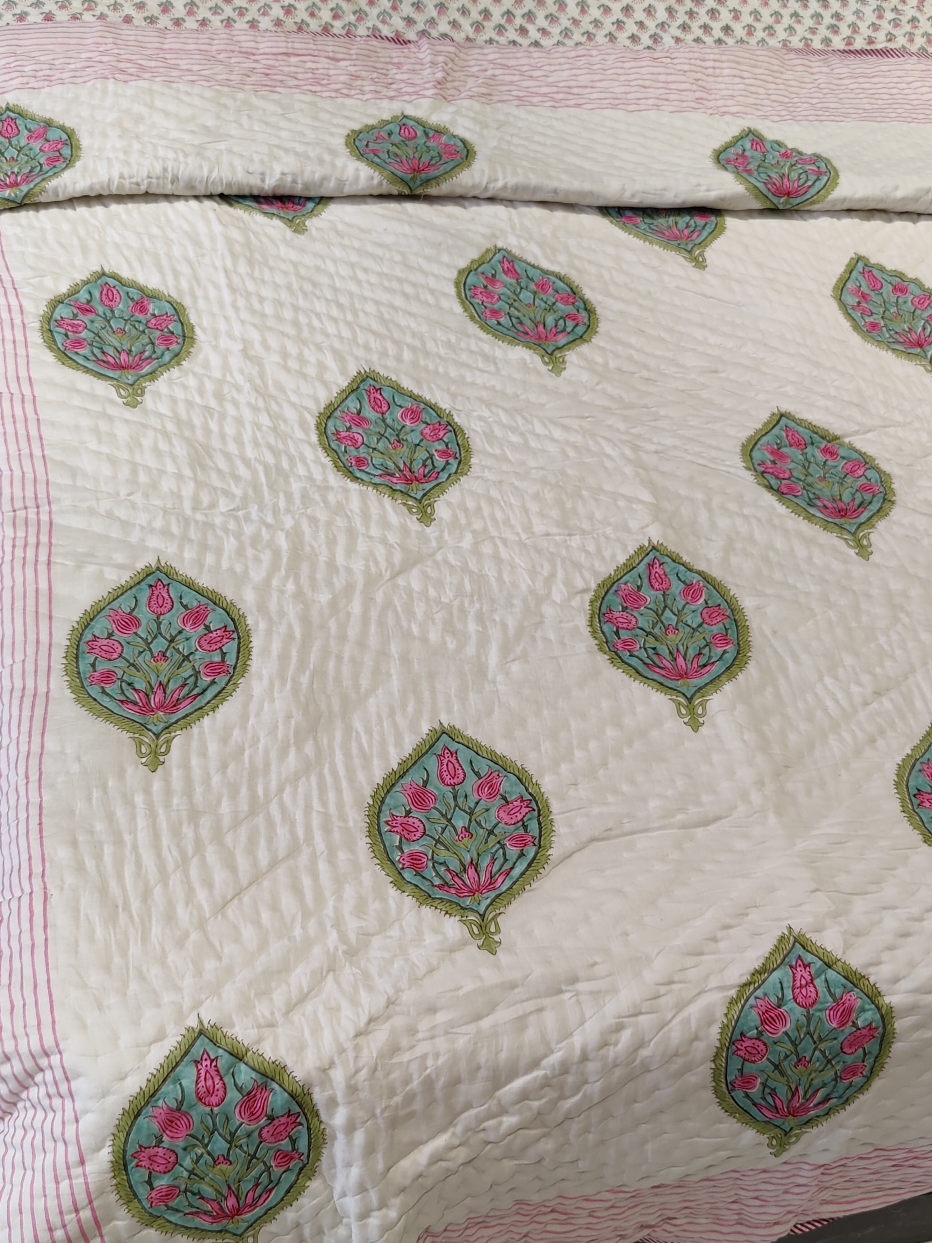 OLIVE HAND BLOCK PRINTED REVERSIBLE MULMUL QUILT
