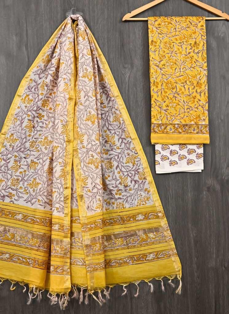 HAND BLOCK PRINTED CHANDERI UNSTITCHED SUIT