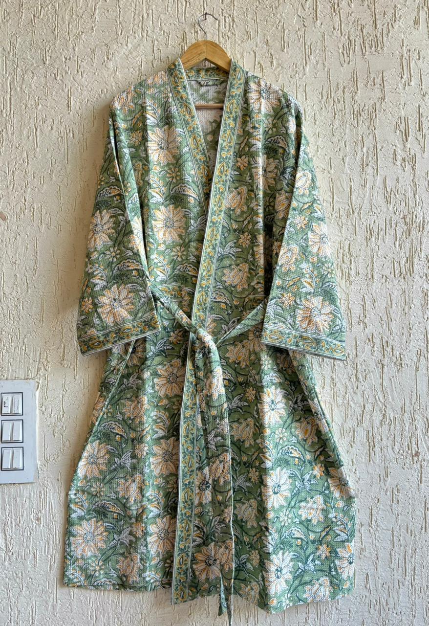 HAND BLOCK PRINTED WAFFLE BATHROBE